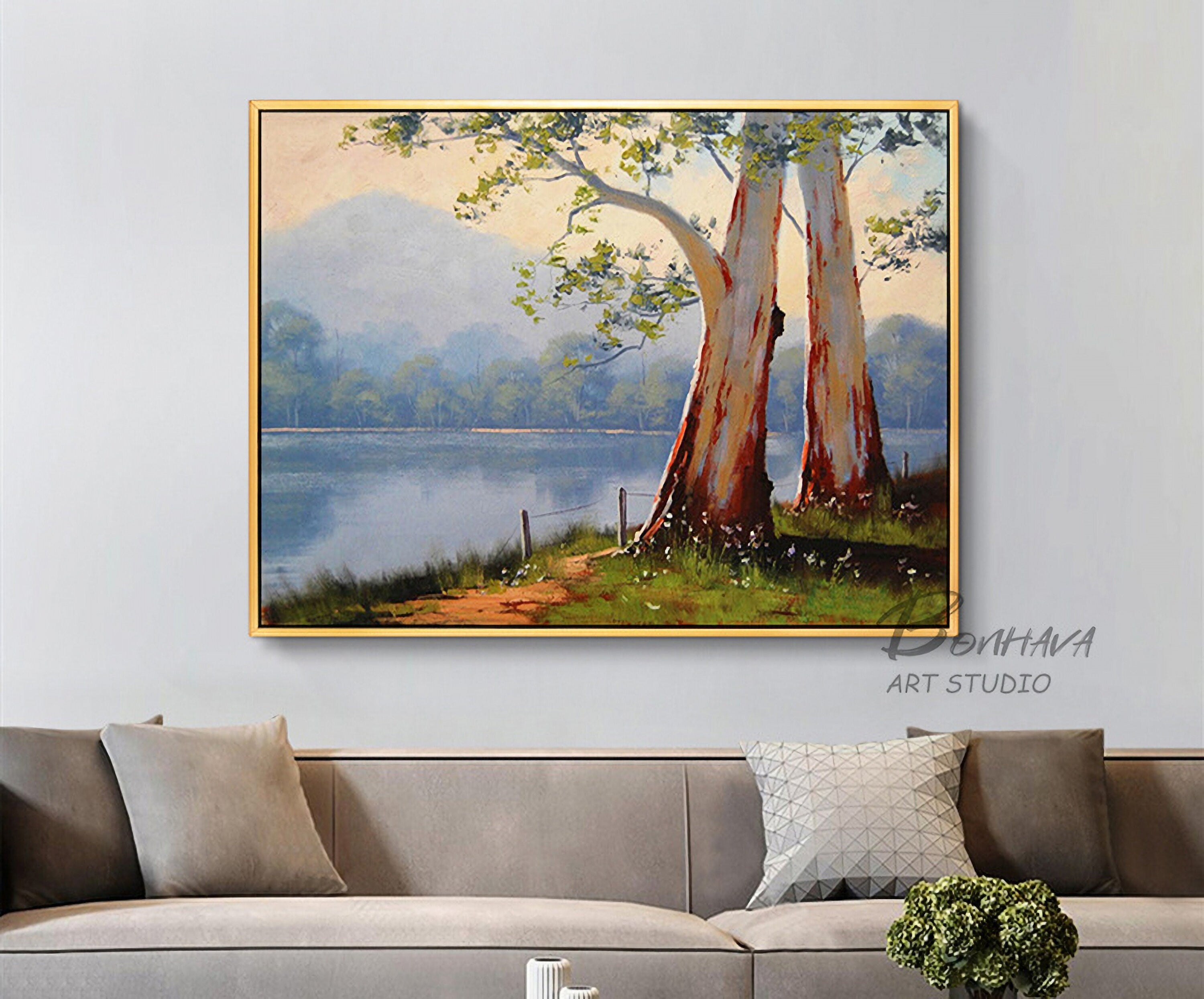 Tree Lake Wall Art Decor Landscape Leaves Forest Canvas Painting Kitchen Pictures for Home Living Dining Room