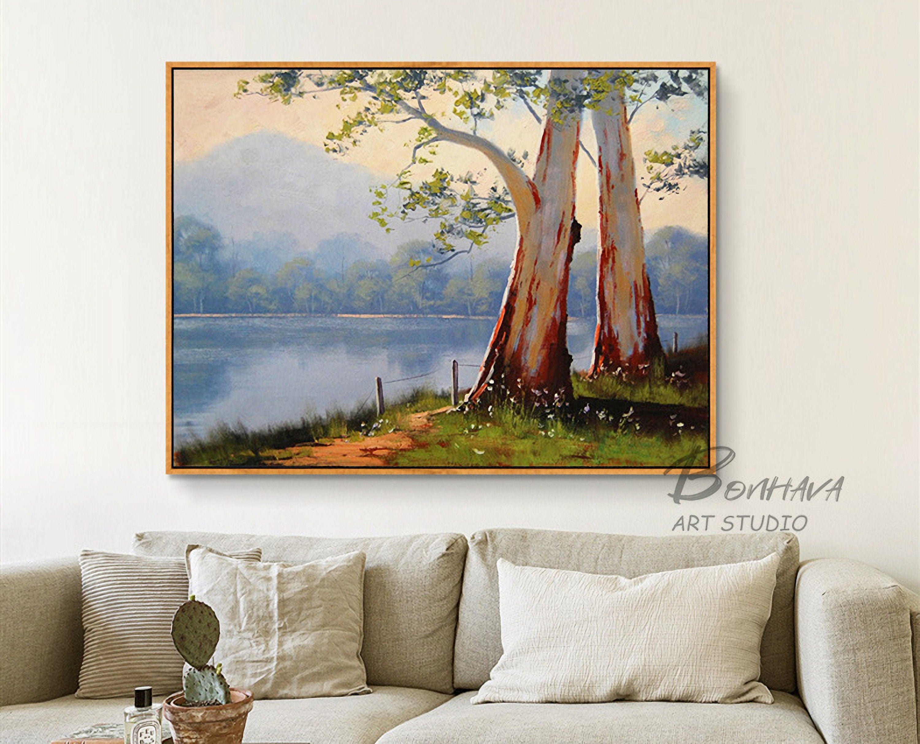 Tree Lake Wall Art Decor Landscape Leaves Forest Canvas Painting Kitchen Pictures for Home Living Dining Room