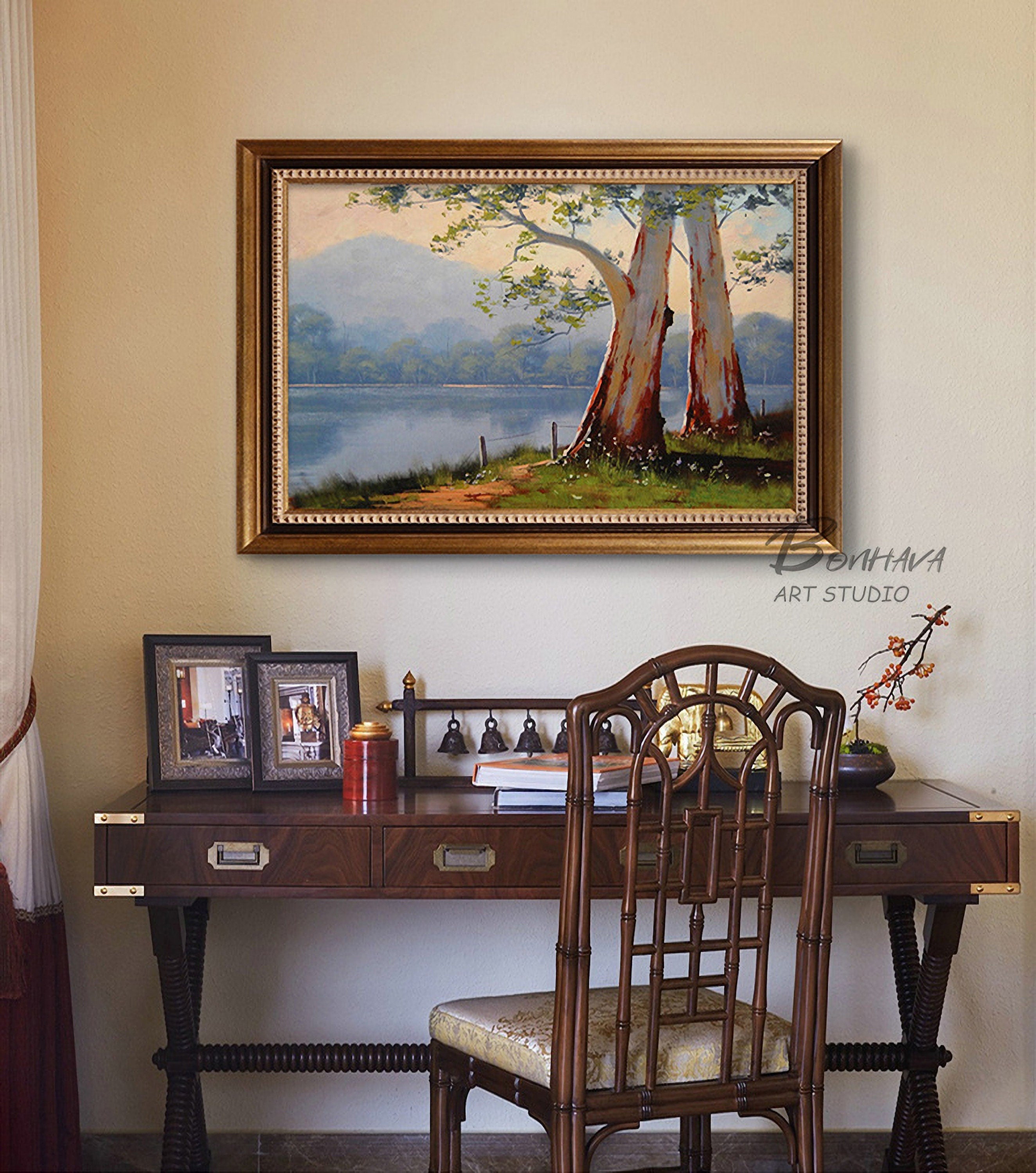 Tree Lake Wall Art Decor Landscape Leaves Forest Canvas Painting Kitchen Pictures for Home Living Dining Room