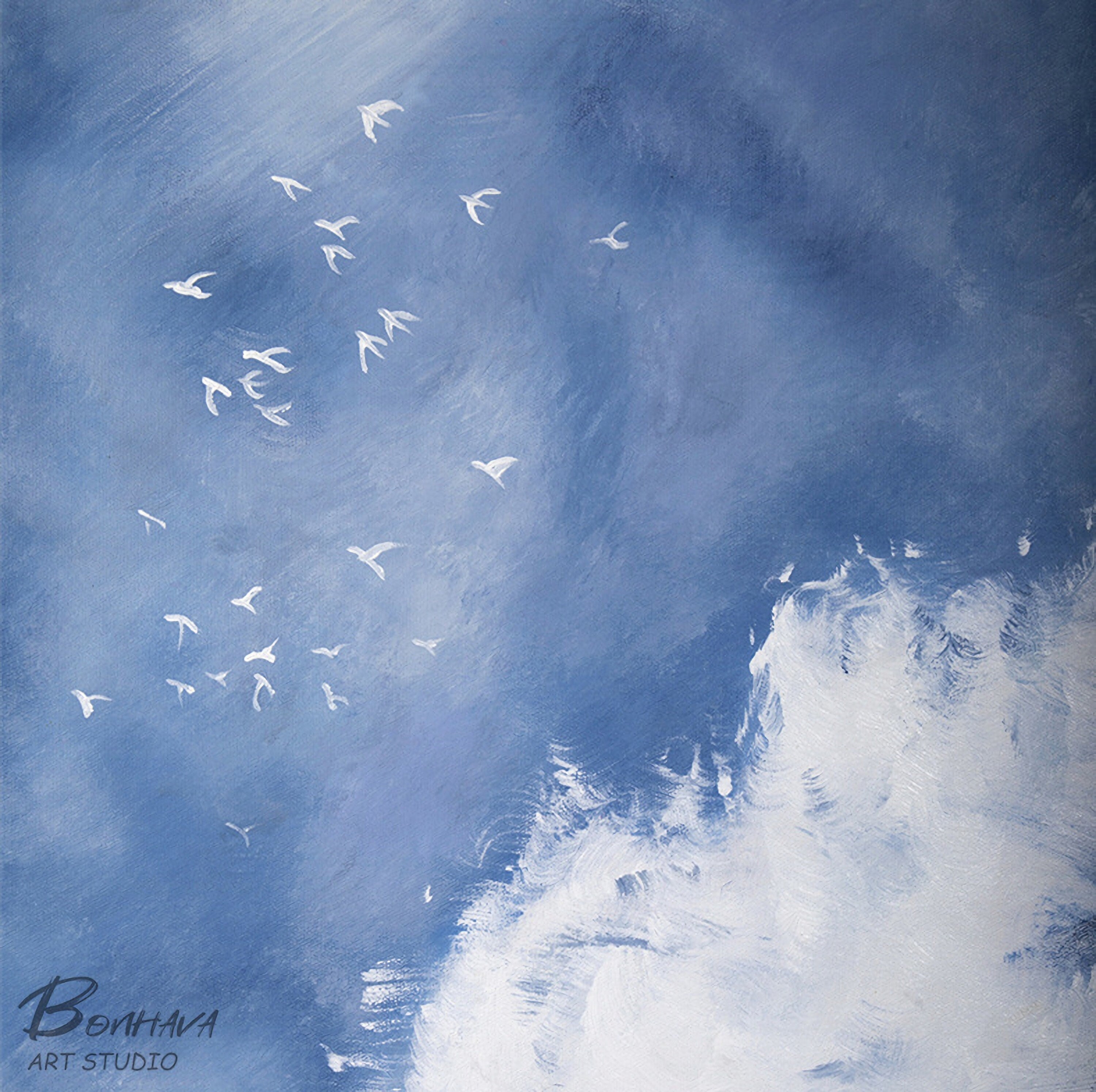 Harvest Land and Sky, Abstract Painting, Blue, White and Yellow