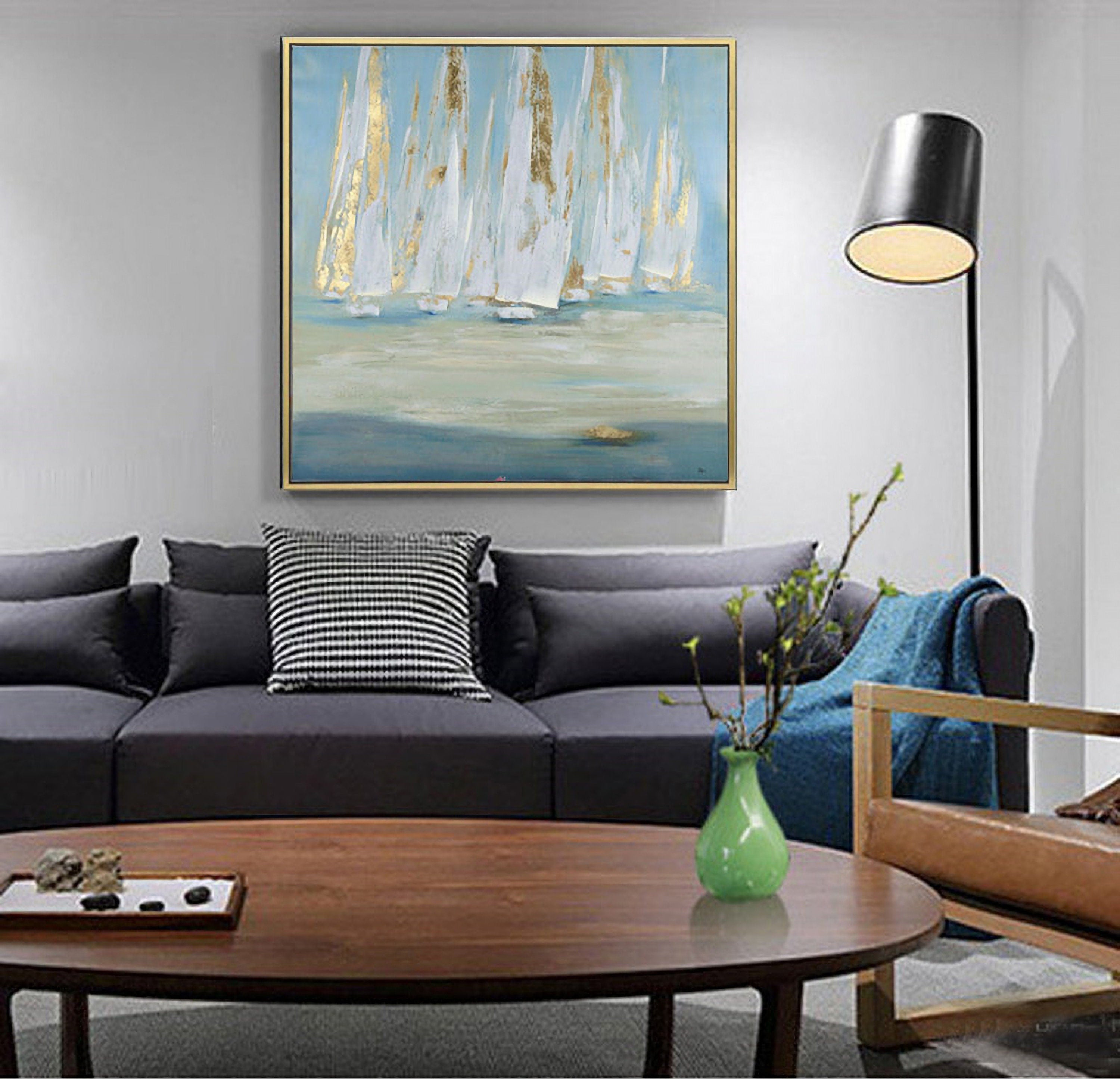 Ocean Sailboat Oil Painting Nautical Canvas Painting Gold Boat Artwork Coastal Painting for Living Room Bathroom Bedroom…