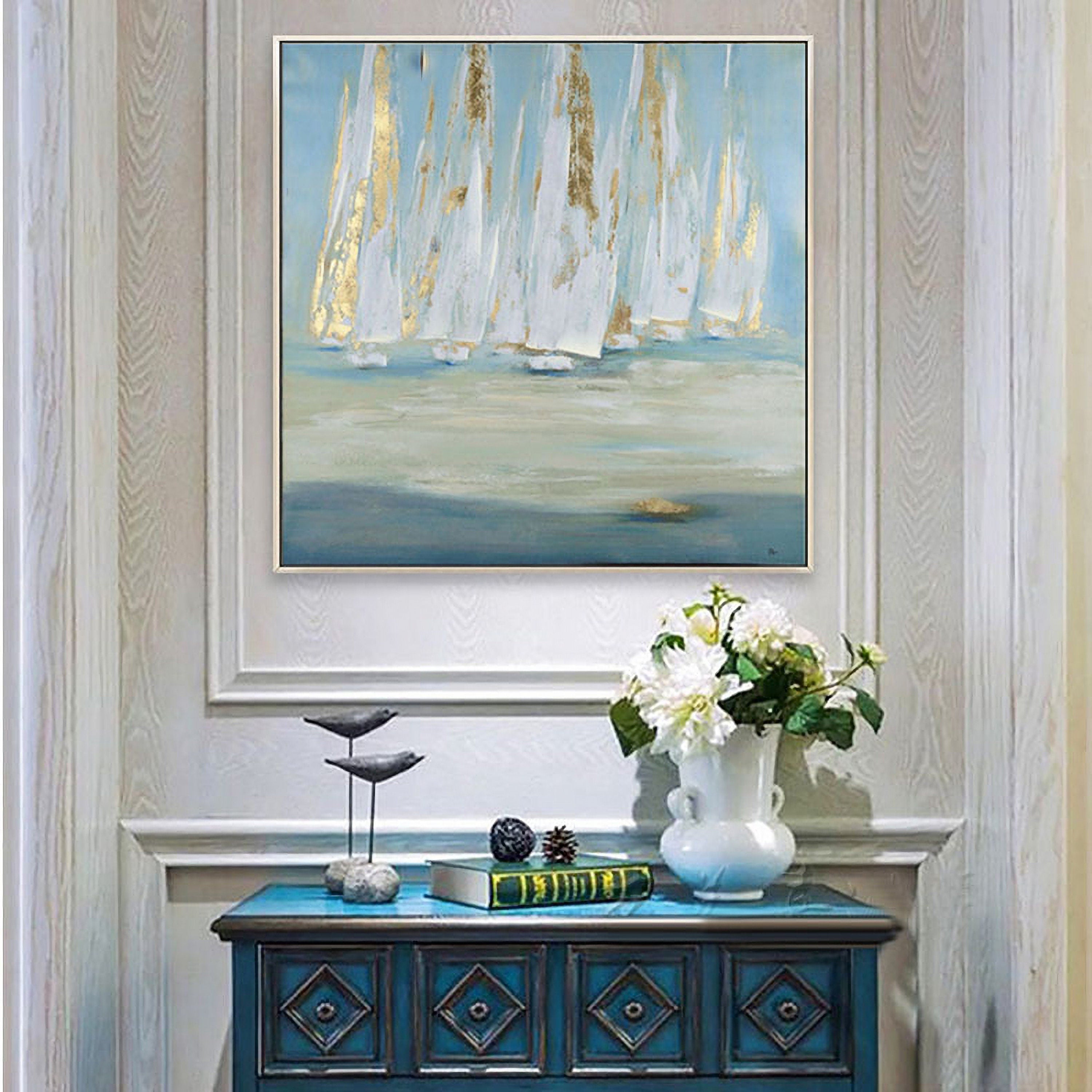 Ocean Sailboat Oil Painting Nautical Canvas Painting Gold Boat Artwork Coastal Painting for Living Room Bathroom Bedroom…
