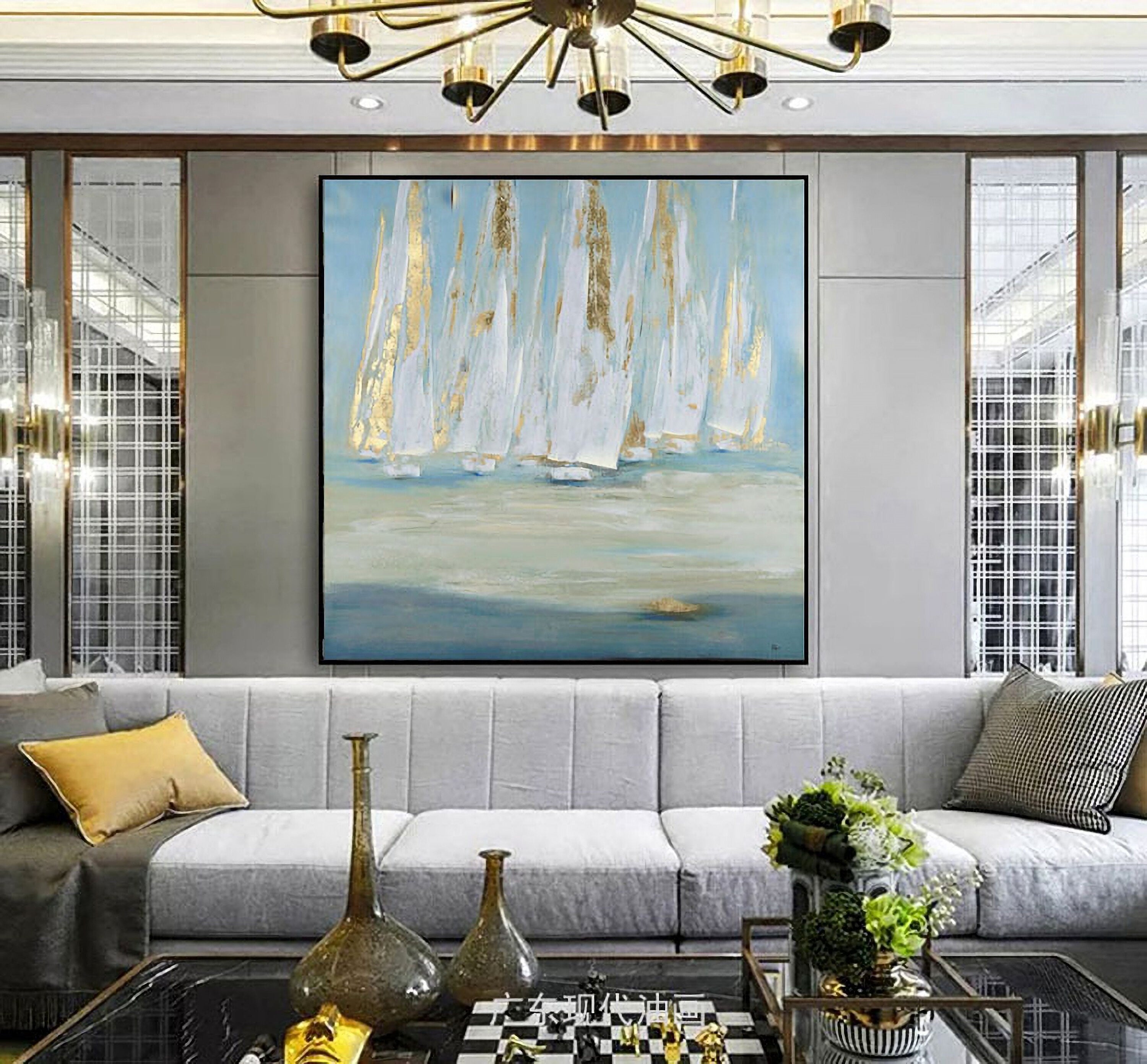 Ocean Sailboat Oil Painting Nautical Canvas Painting Gold Boat Artwork Coastal Painting for Living Room Bathroom Bedroom…