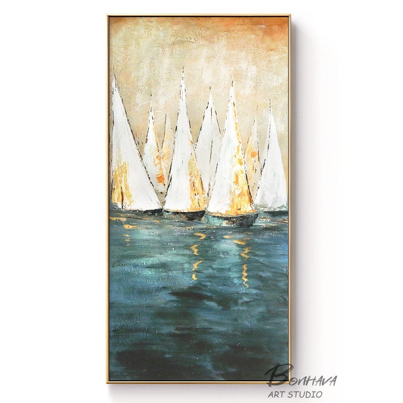Large Sailboat Oil Painting, Original Sailboats Artwork, Nautical Oil Painting on Canvas, Abstract Sailboat Wall Art