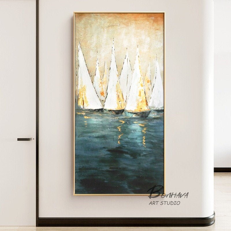 Large Sailboat Oil Painting, Original Sailboats Artwork, Nautical Oil Painting on Canvas, Abstract Sailboat Wall Art