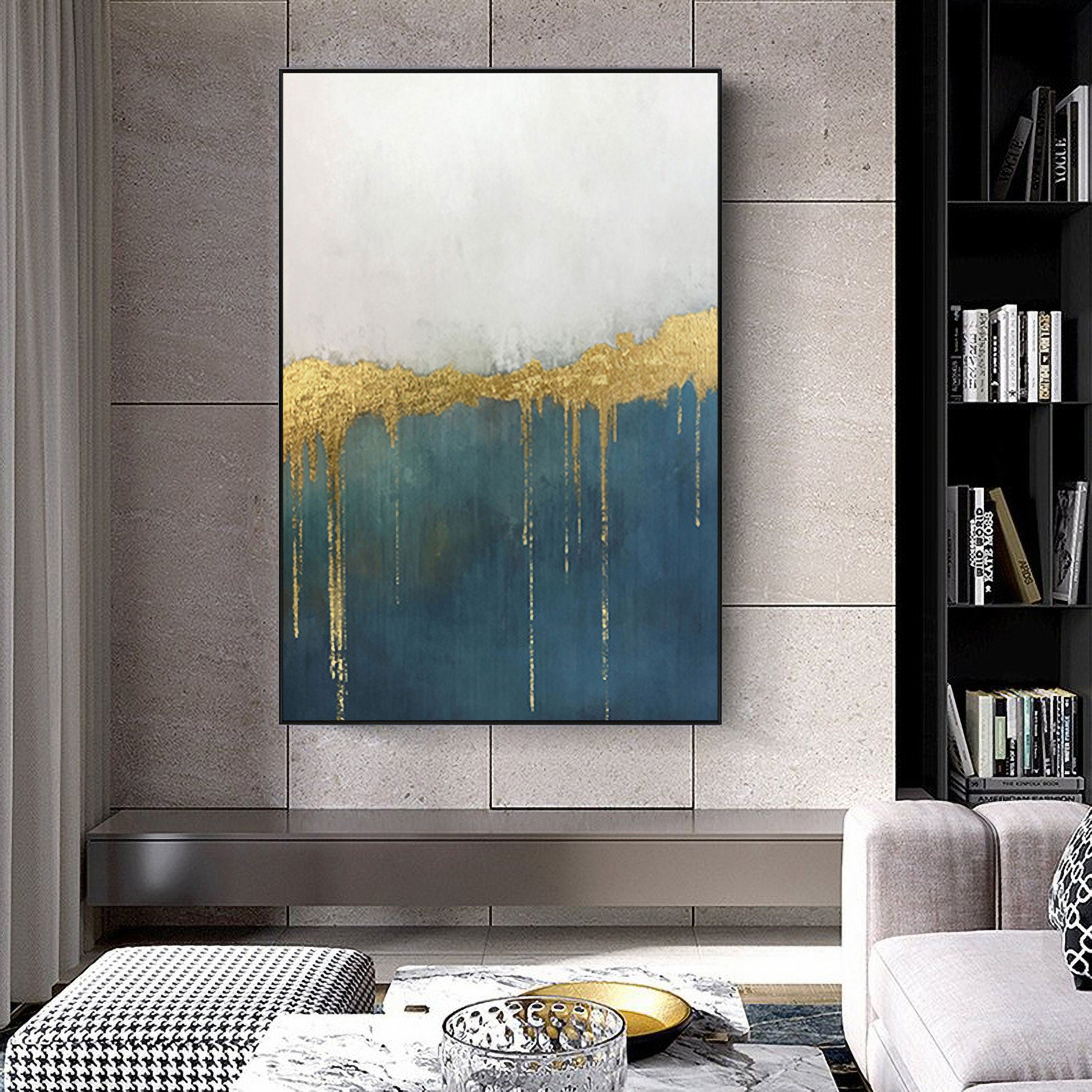 Canvas Painting Wall Art Abstract: Heavy Textured Hand Painted Blue & Gold Foils Picture Artwork for Living Room (32” x…