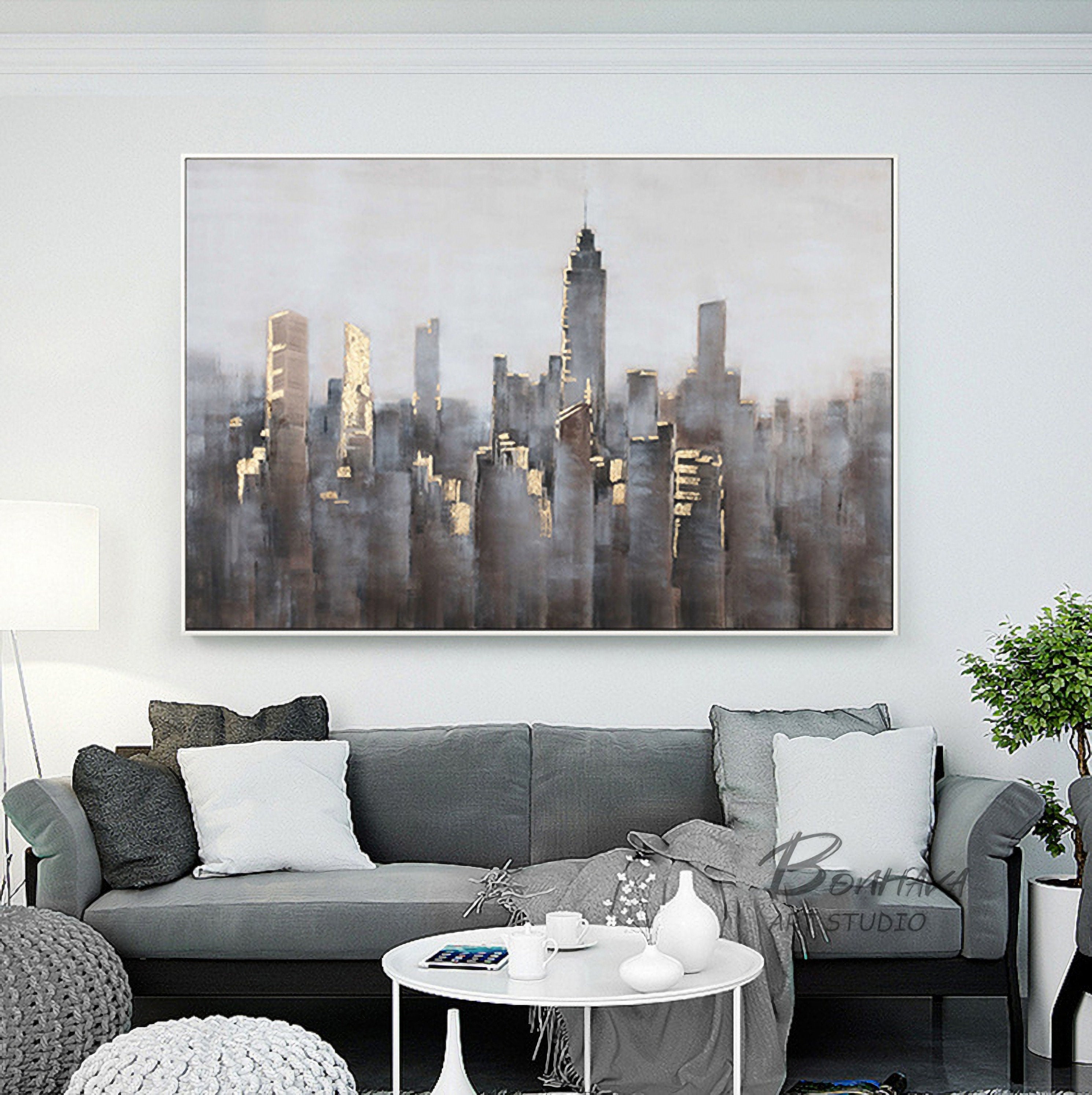 Large Wall City oil painting, Large Abstract Painting, New York skyline city art painting on Canvas,City architecture…