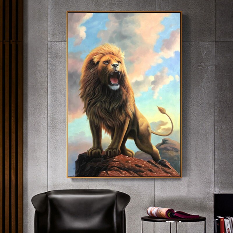 Original Lion Oil Painting, Roaring Lion Painting on Canvas, Animal Portrait Wall Art, 24*36 inches