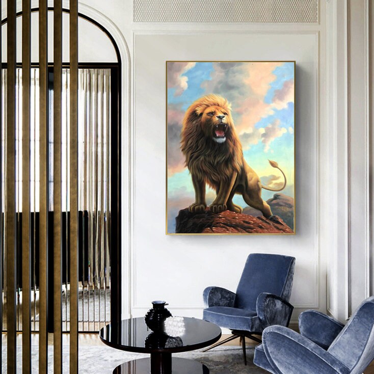 Original Lion Oil Painting, Roaring Lion Painting on Canvas, Animal Portrait Wall Art, 24*36 inches