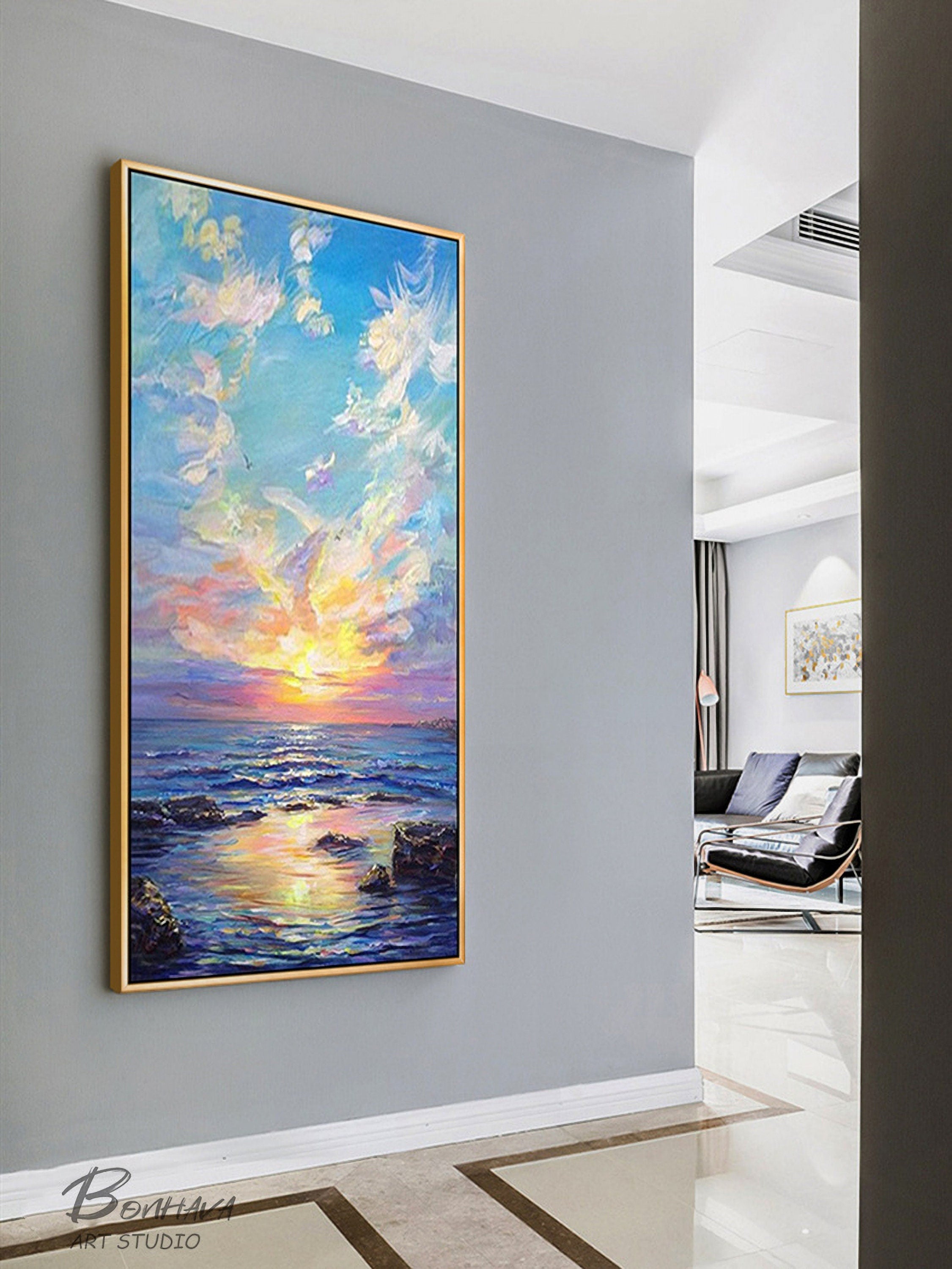 Sea Spray and Sunrise Wall Art, Ocean Oil Painting On Canvas, Seascape Pictures for Home Decor