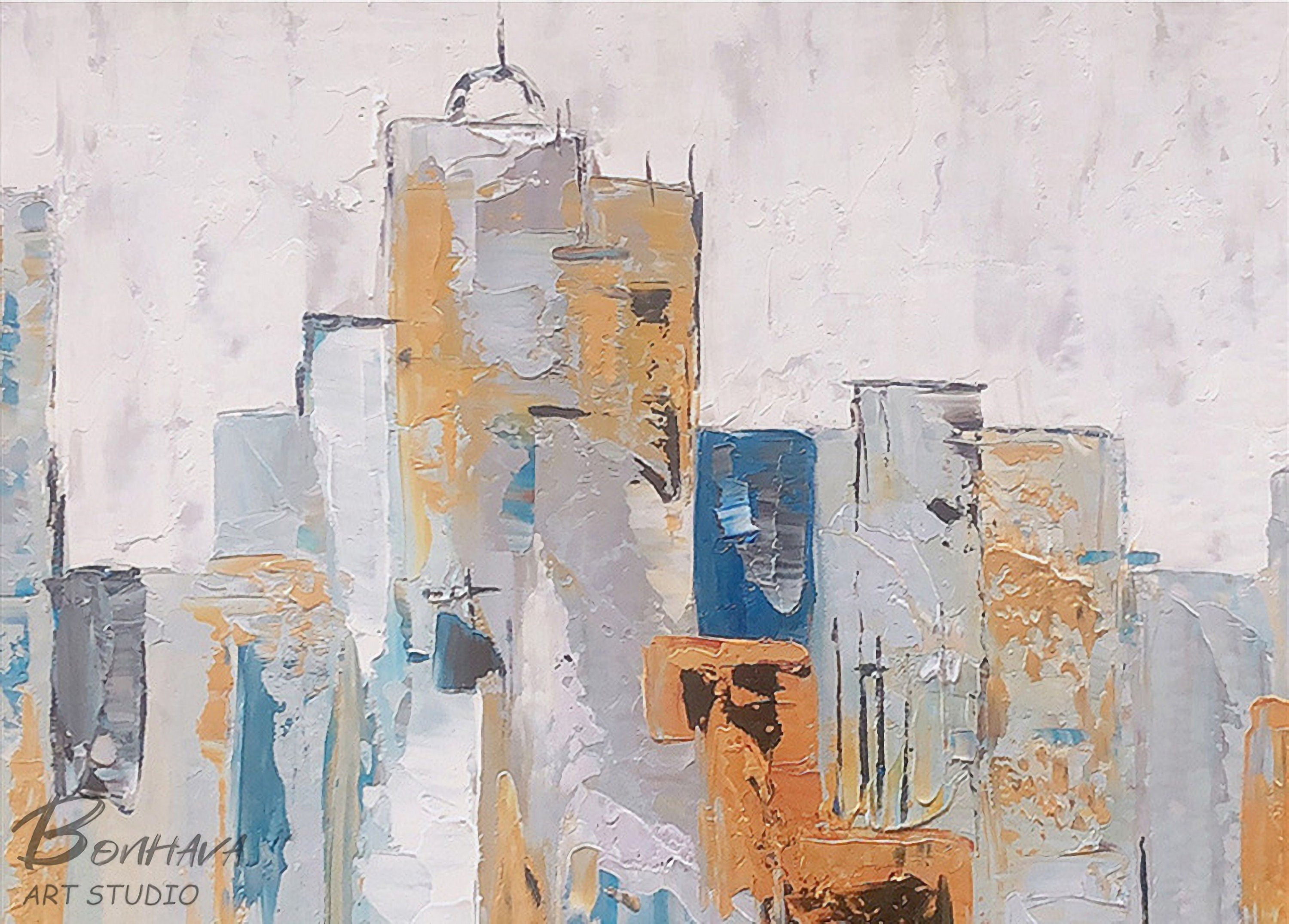 Abstract City Canvas Wall Art, Blue Cityscape Artwork, Buildings Acrylic Painting for Bathroom