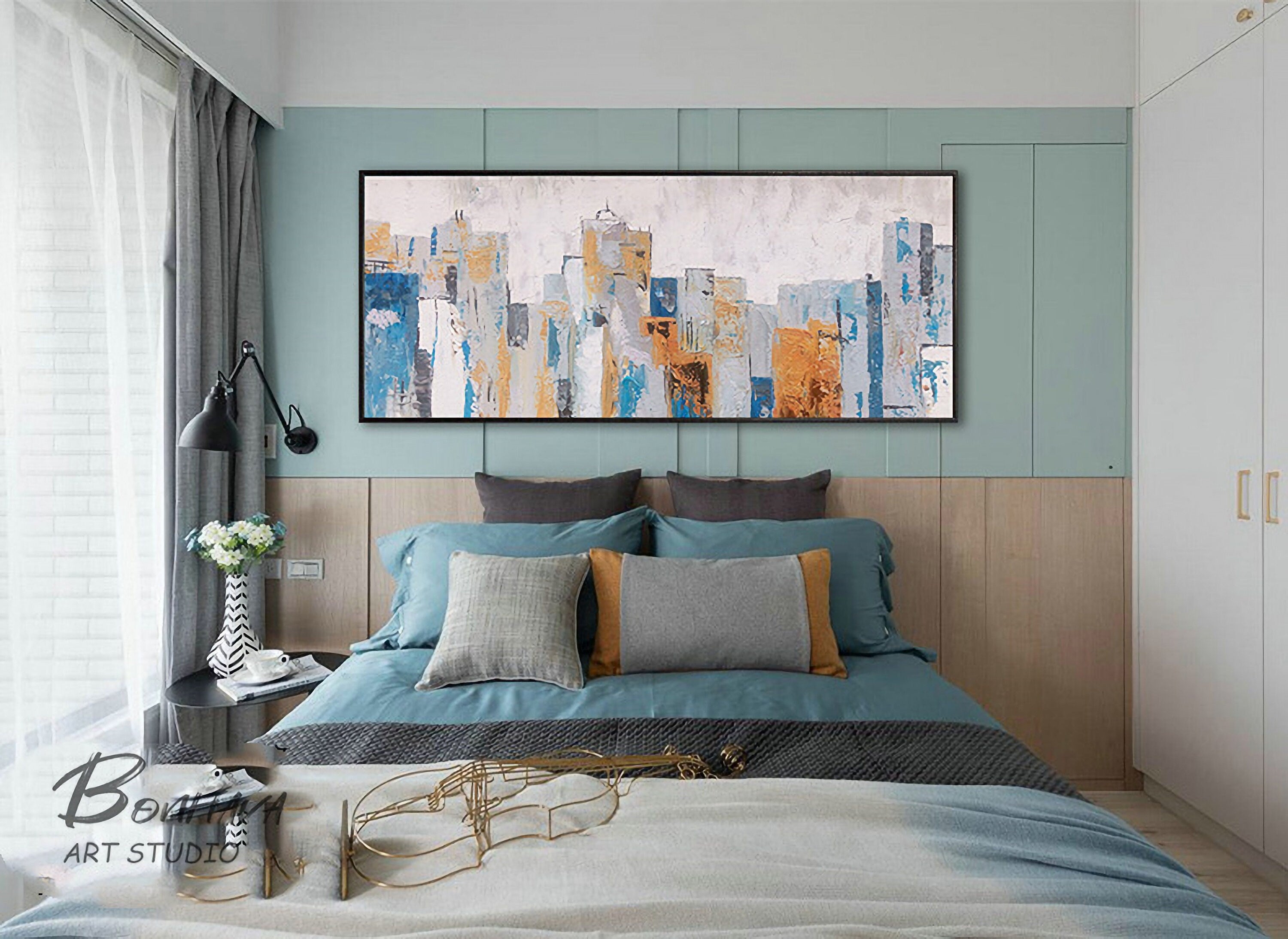 Abstract City Canvas Wall Art, Blue Cityscape Artwork, Buildings Acrylic Painting for Bathroom