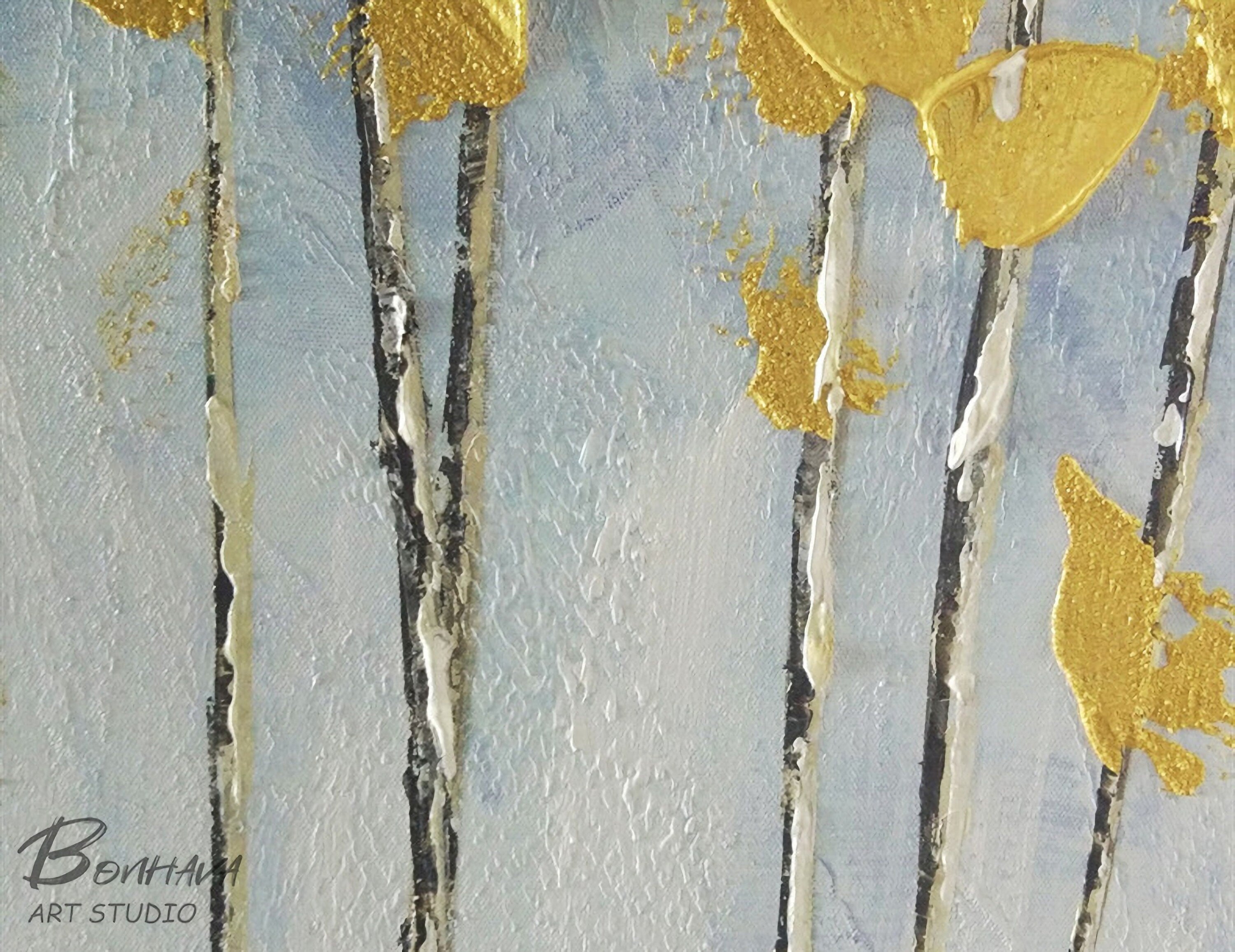Abstract Tree and Leaves Wall Art, Modern Abstract Canvas Painting, Gold Oil Painting for Home Living Dining Room