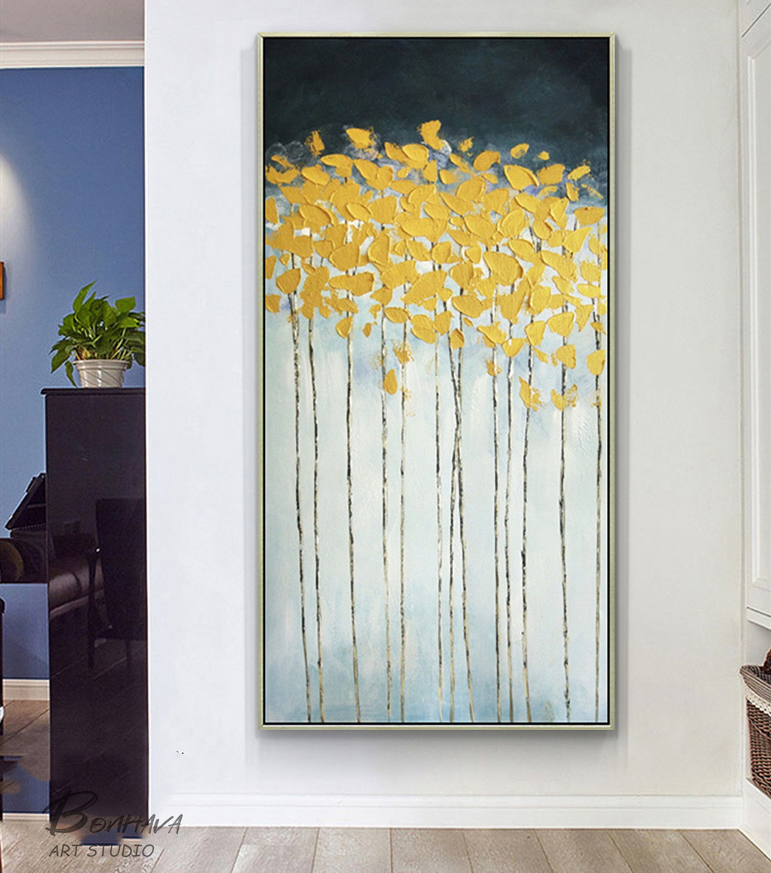 Abstract Tree and Leaves Wall Art, Modern Abstract Canvas Painting, Gold Oil Painting for Home Living Dining Room