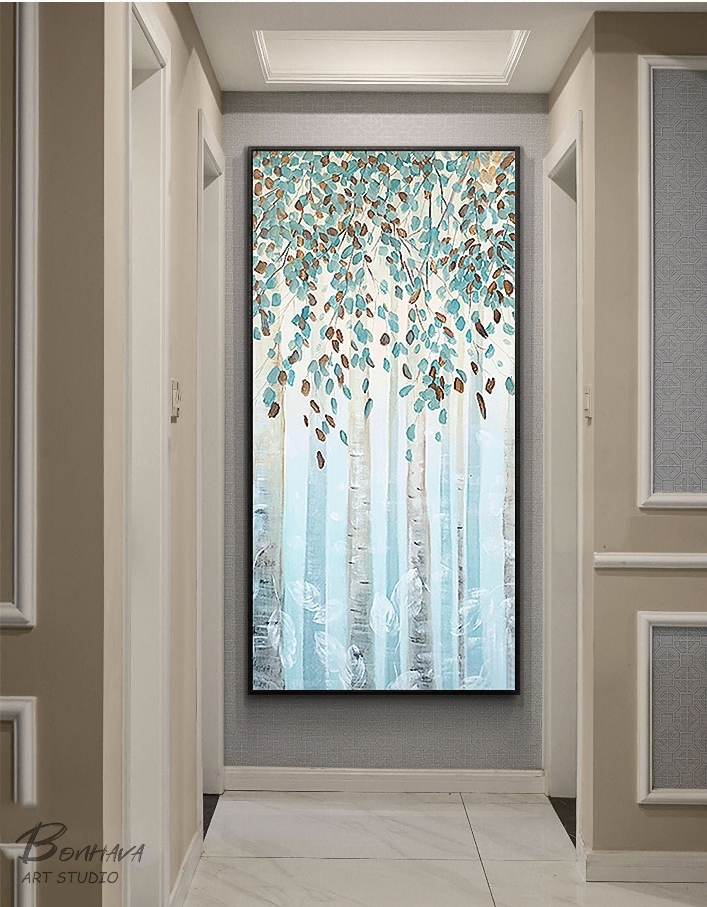 Birch Tree Canvas Wall Art, Blue Forest Painting, Modern Landscape Canvas Art, Hand-Painted Oil Painting