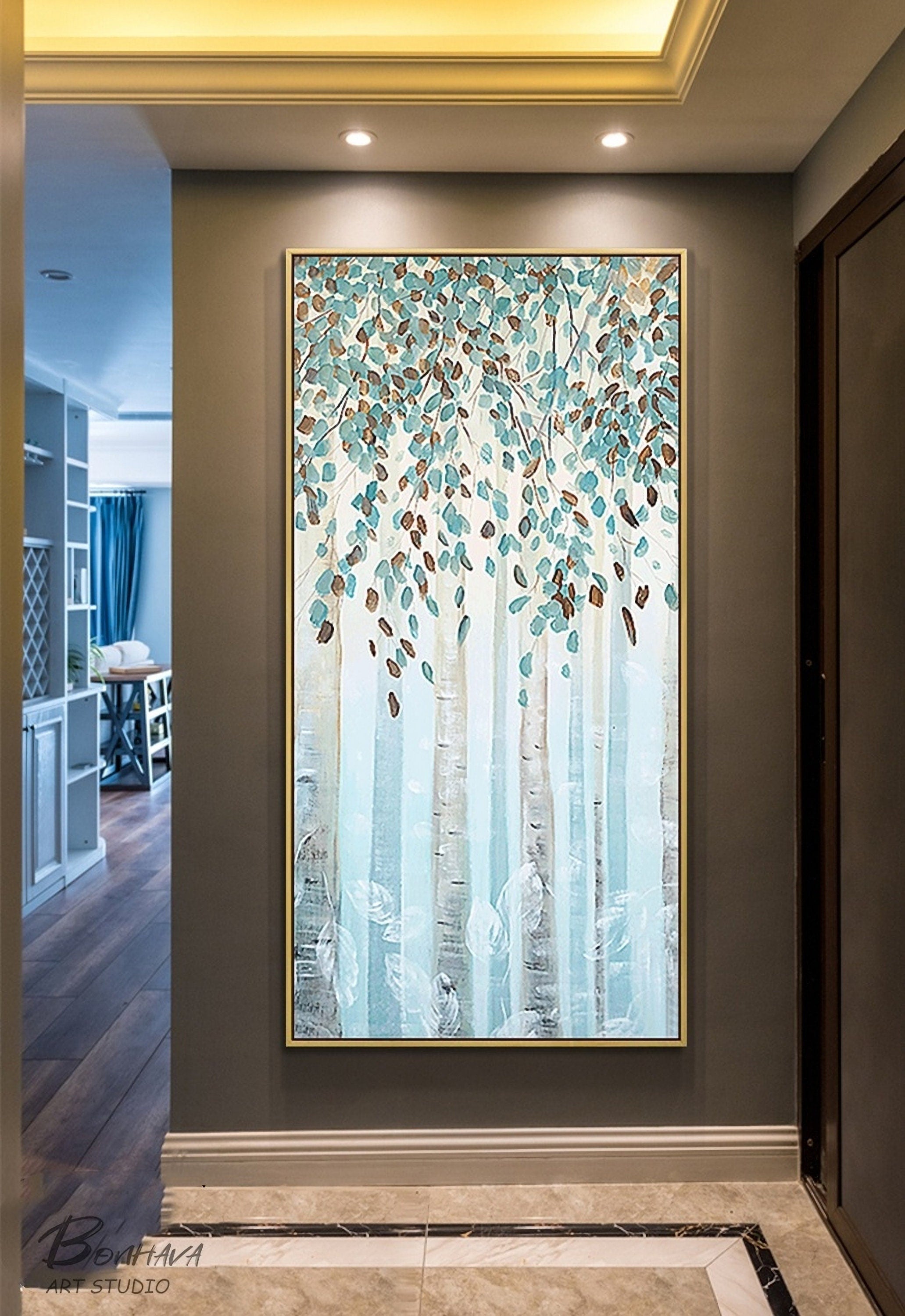 Birch Tree Canvas Wall Art, Blue Forest Painting, Modern Landscape Canvas Art, Hand-Painted Oil Painting