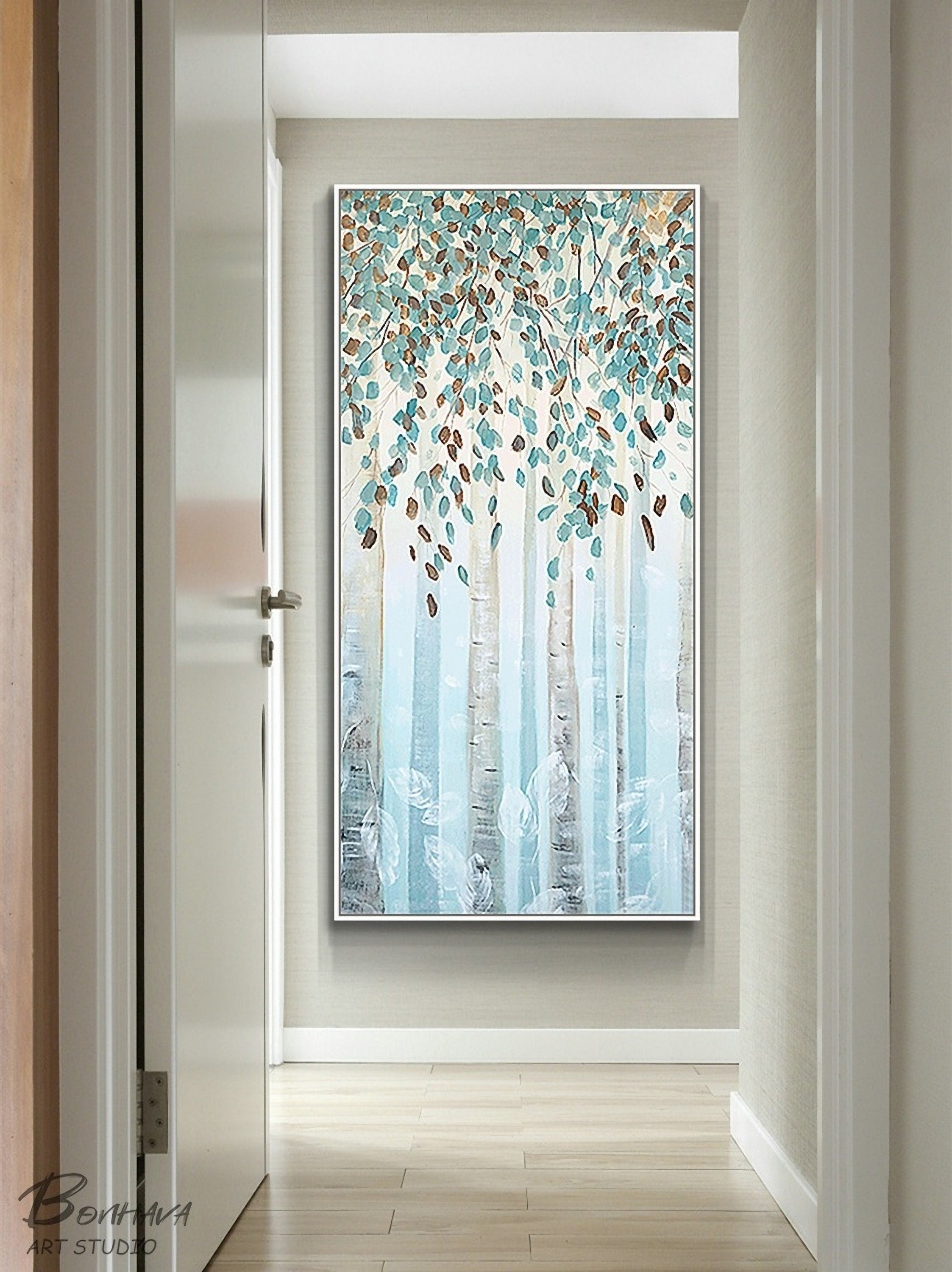 Birch Tree Canvas Wall Art, Blue Forest Painting, Modern Landscape Canvas Art, Hand-Painted Oil Painting