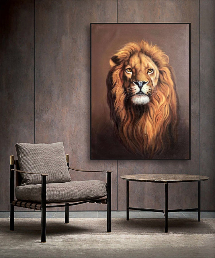Animal Painting on Canvas, Original Lion Oil Painting, Lion Canvas Wall Art, Realistic Lion Artwork, 60*90cm