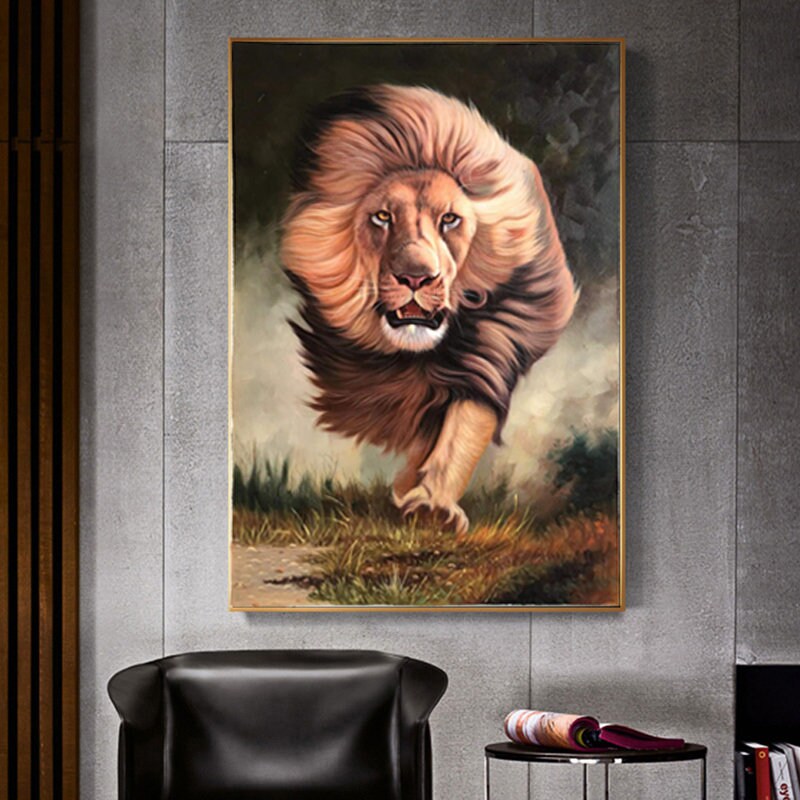 Original Animal Oil Painting, Running Lion Painting, Lion Canvas Wall Art, Animal Paintings on Canvas, 24*36 inches