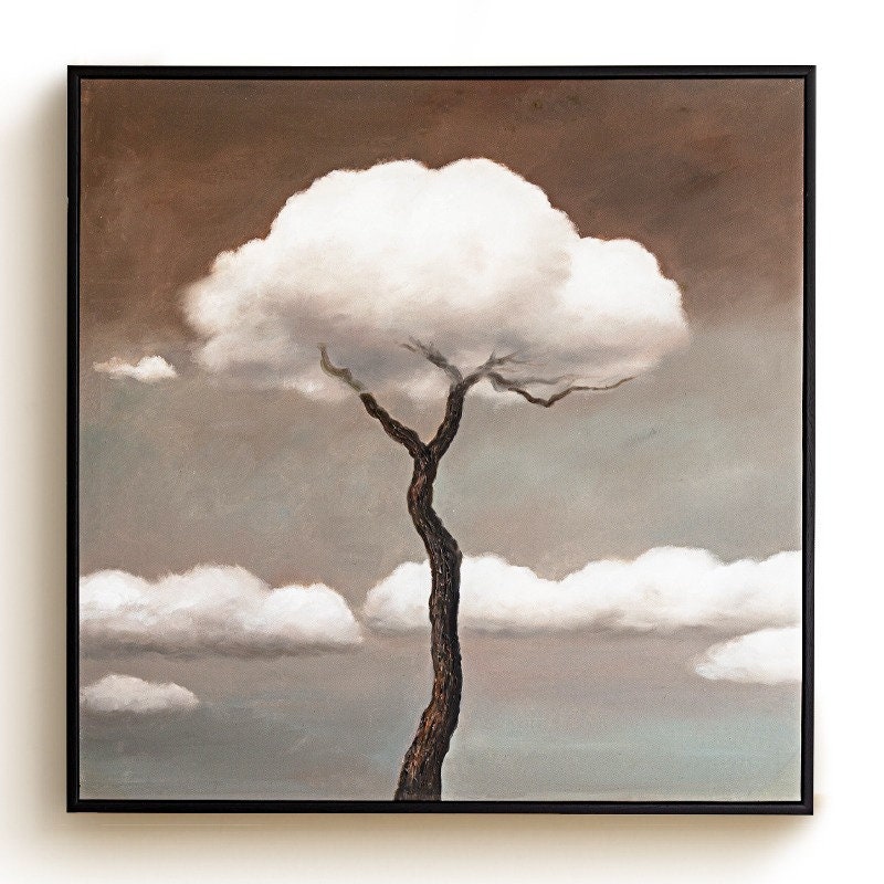 Original Surreal Oil Painting, Tree and Clouds Abstract Painting, Large Abstract Wall Art, Surrealism Canvas Painting