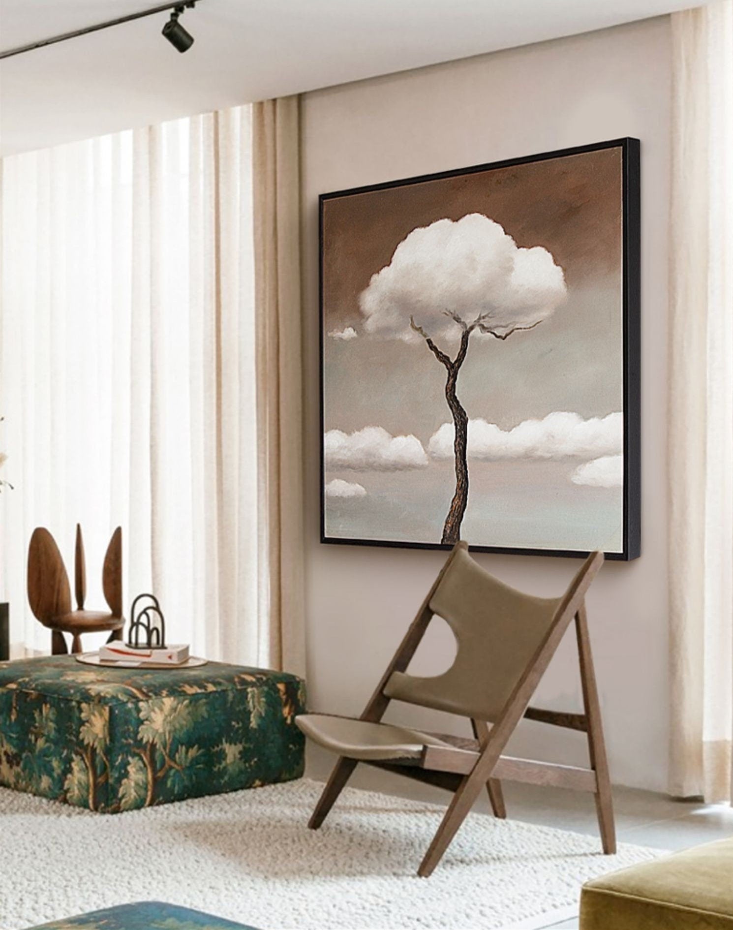 Original Surreal Oil Painting, Tree and Clouds Abstract Painting, Large Abstract Wall Art, Surrealism Canvas Painting