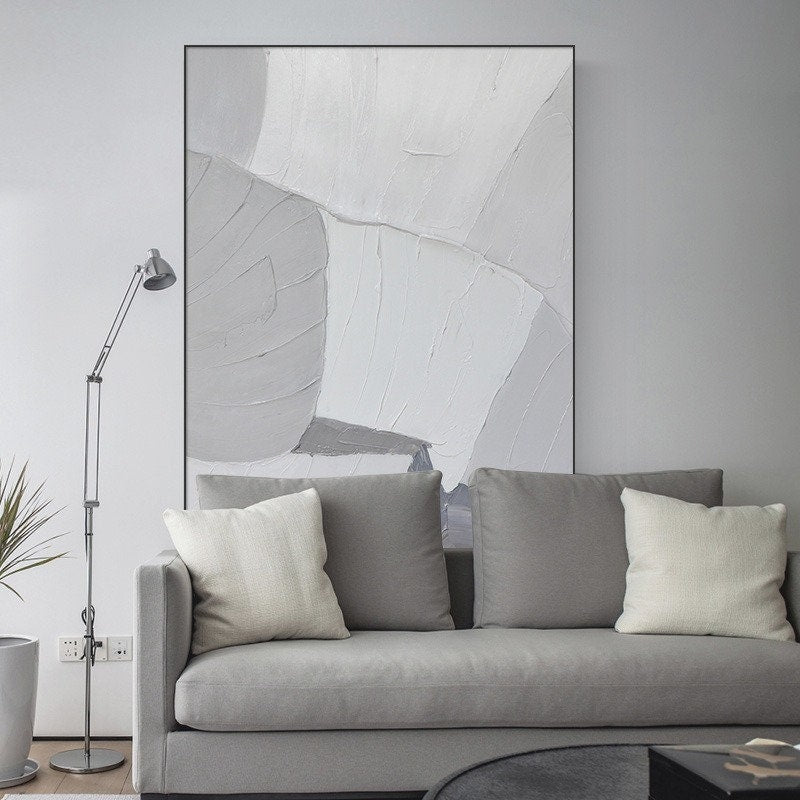 Large Minimalist Abstract Painting, Gray and White Acrylic Painting, Abstract Canvas Wall Art, Abstract Art on Canvas