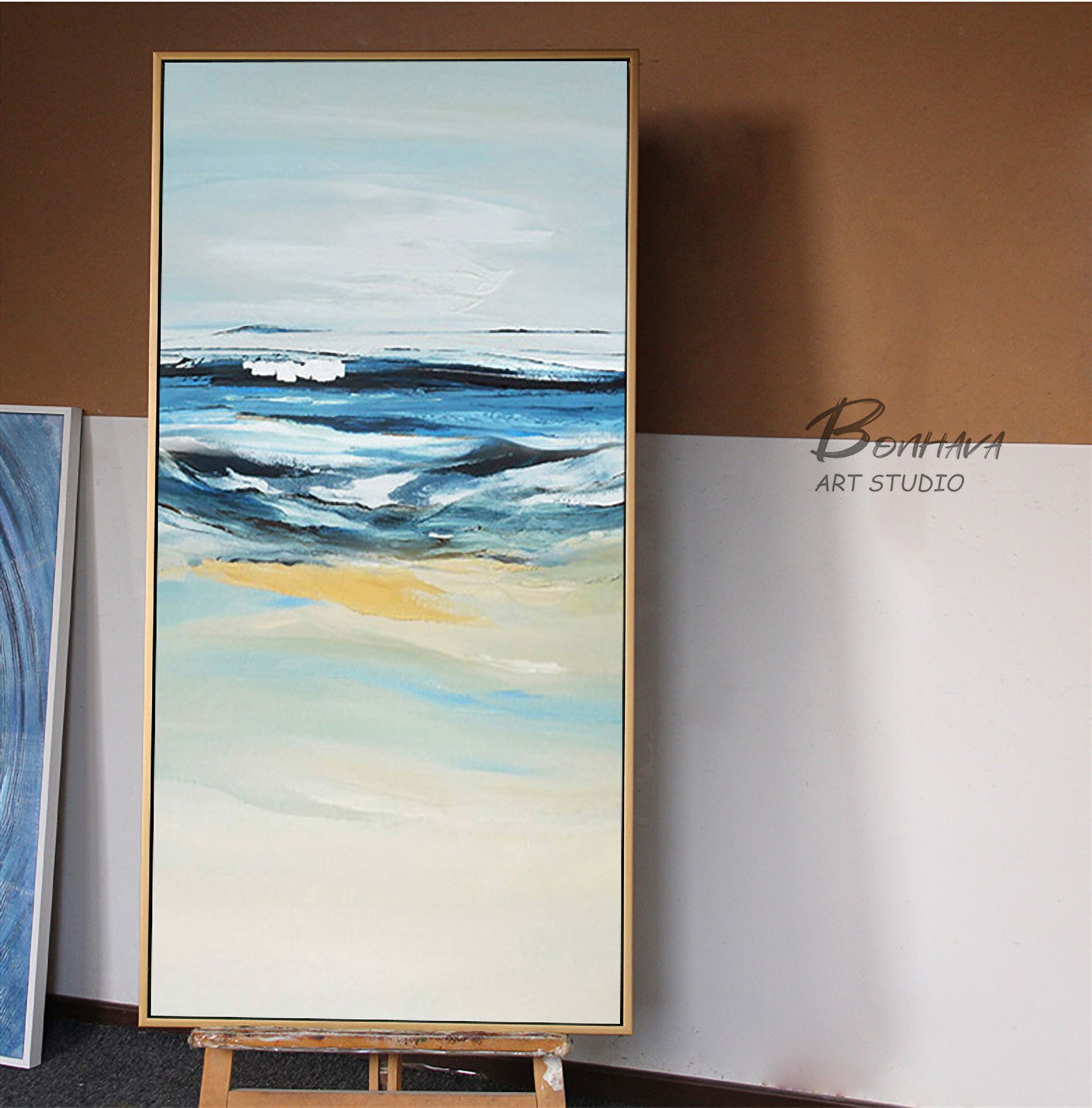 Large Blue Ocean Wall Art, Original Abstract Seascape, Sea Wave Painting on Canvas