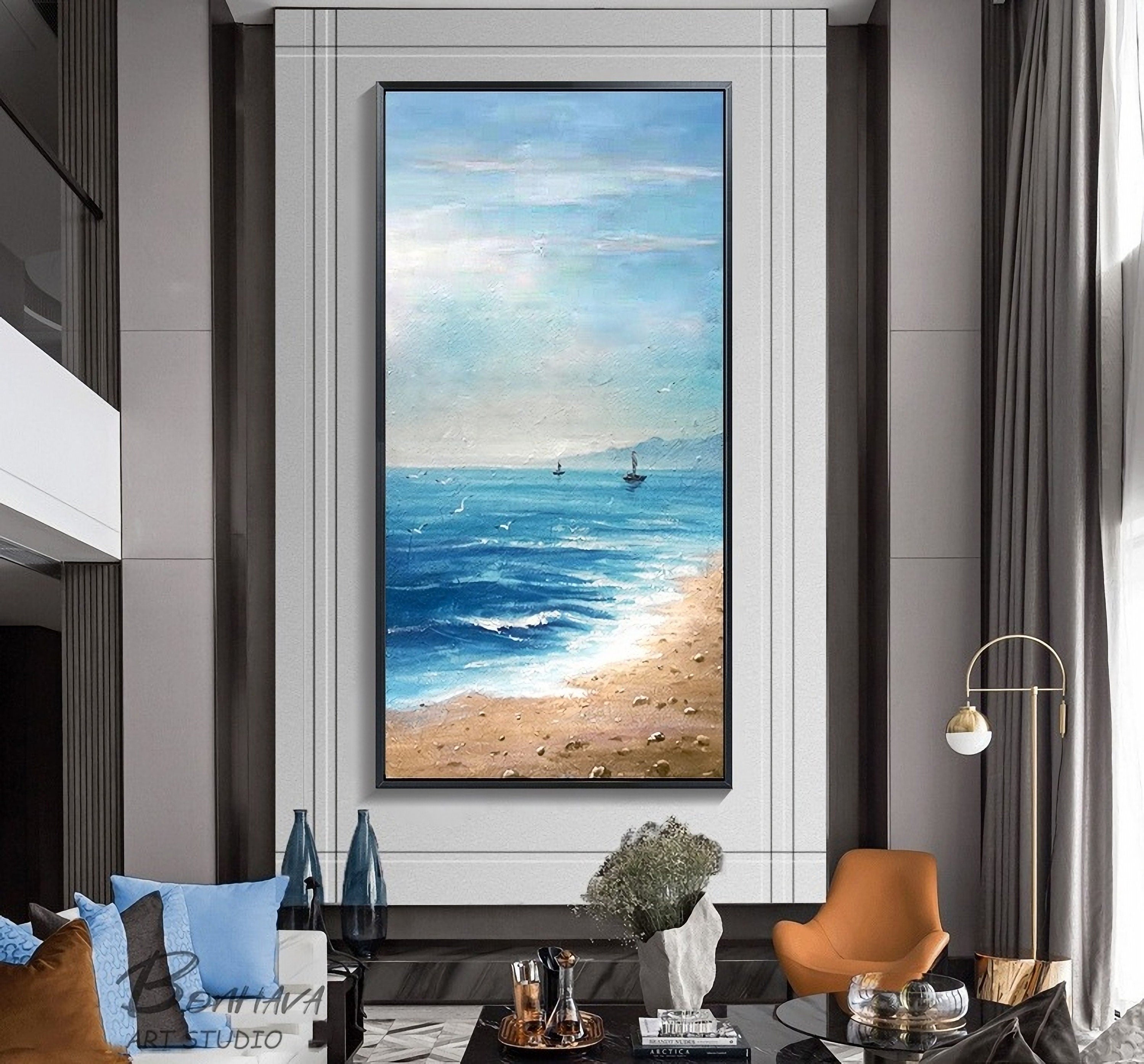 Seashore Artwork, Coastal Wall Art, Abstract Beach Art, Painting on Canvas for Room Decoration