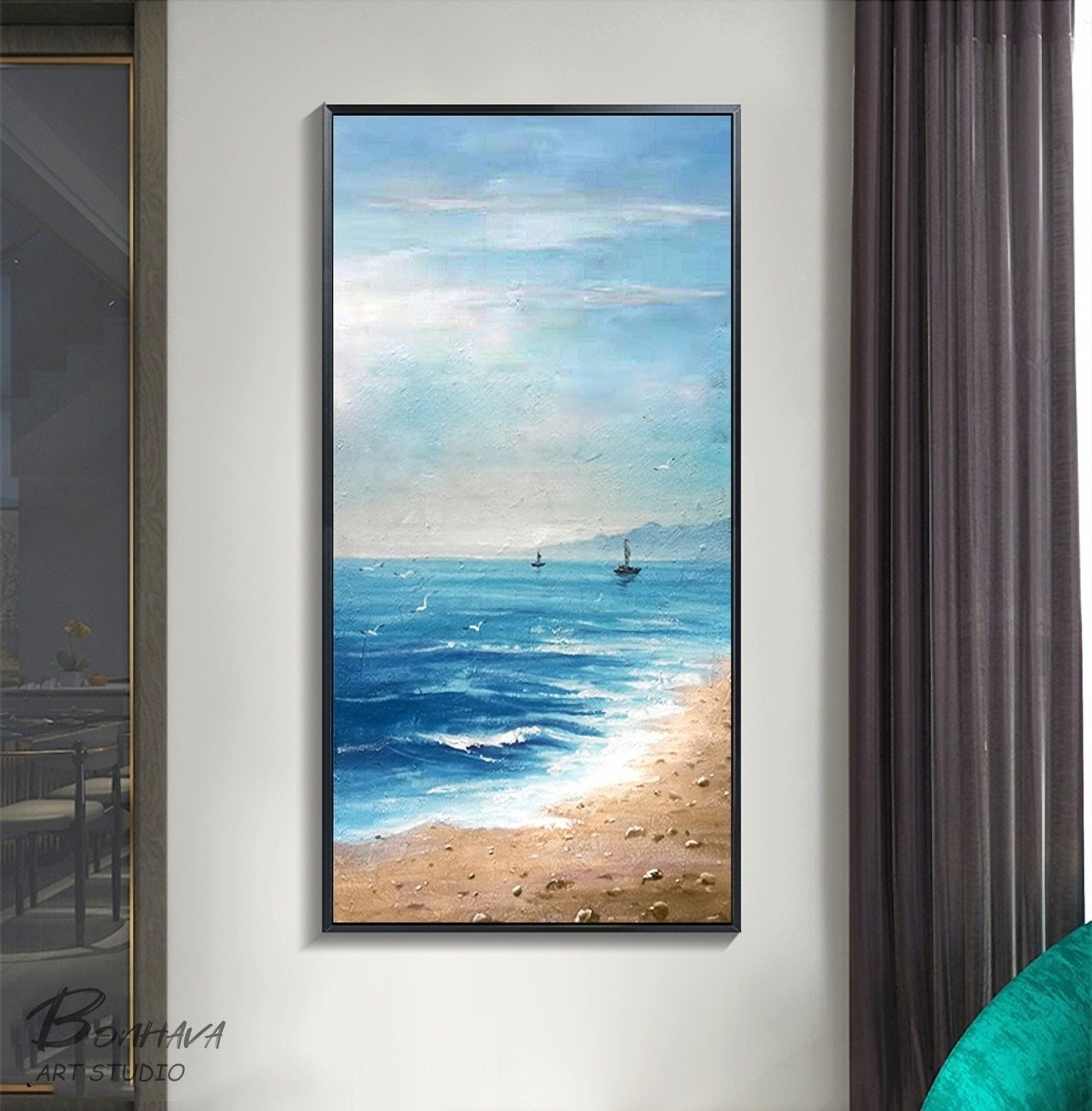 Seashore Artwork, Coastal Wall Art, Abstract Beach Art, Painting on Canvas for Room Decoration