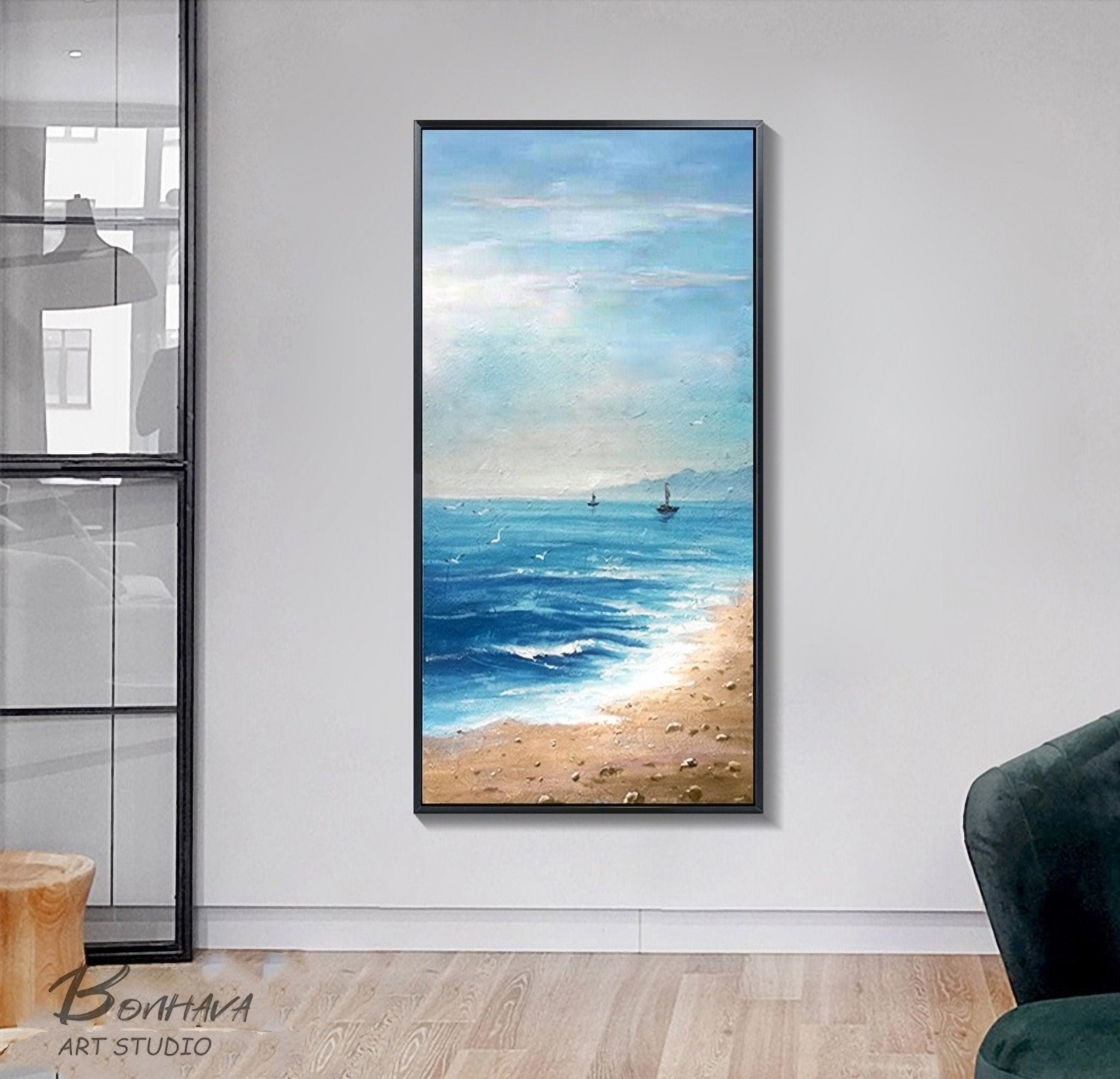Seashore Artwork, Coastal Wall Art, Abstract Beach Art, Painting on Canvas for Room Decoration