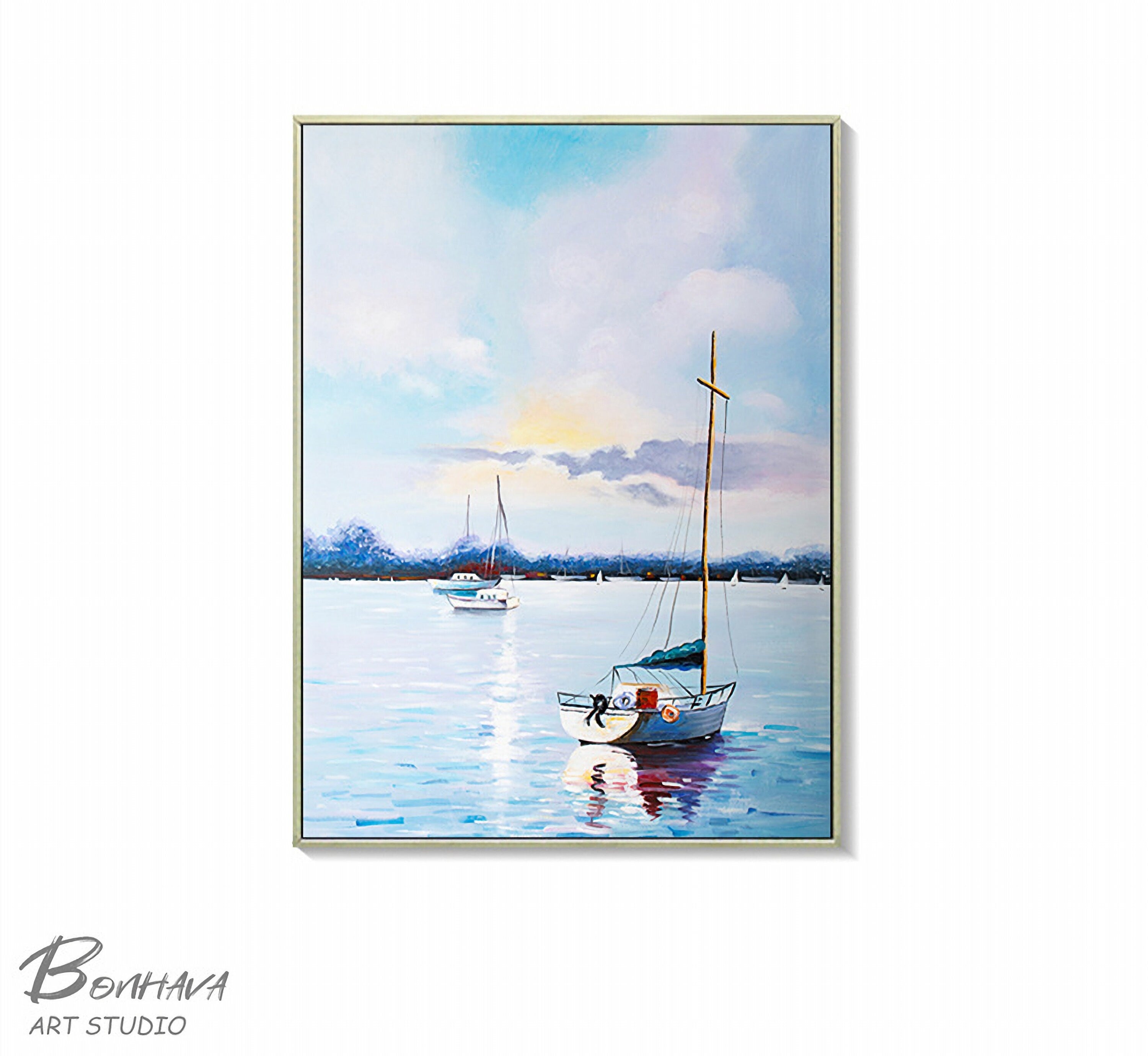 Sailboat Canvas Painting, Abstract Sailing Ship Wall Art, Nautical Artwork for Bedroom