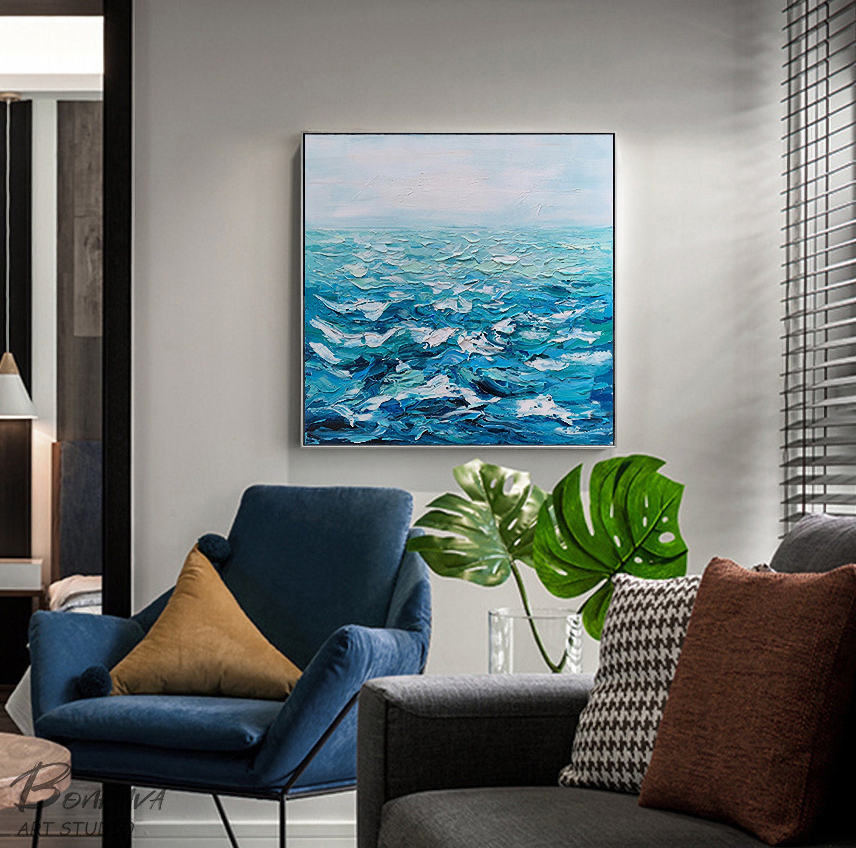 Blue Wave Seascape Painting, Wall Art Decor, Abstract Canvas Painting, Abstract Seascape Oil Painting