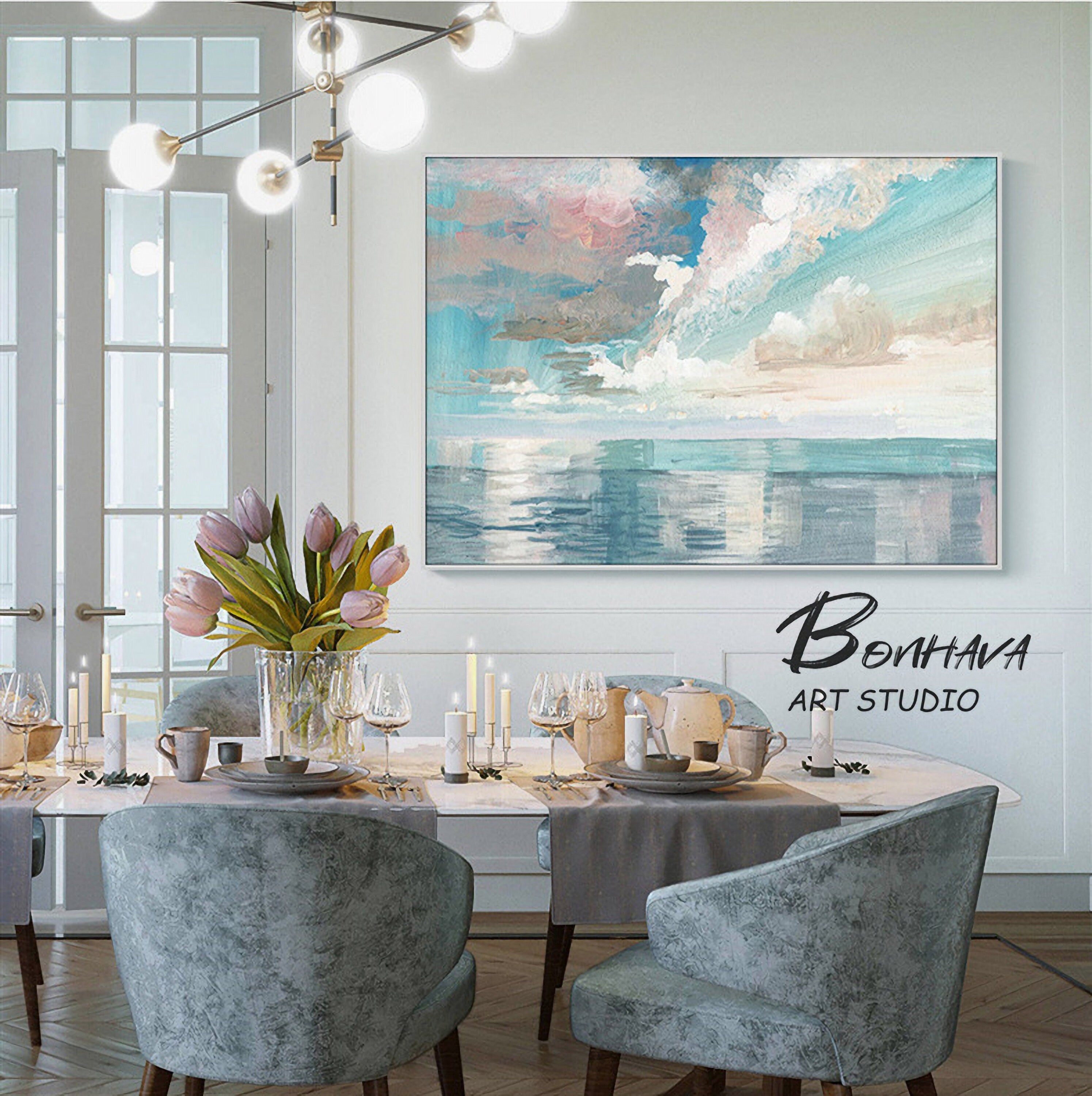 Ocean and Sky Abstract Oil Painting, Seascape Canvas Painting, Sea Canvas Wall art