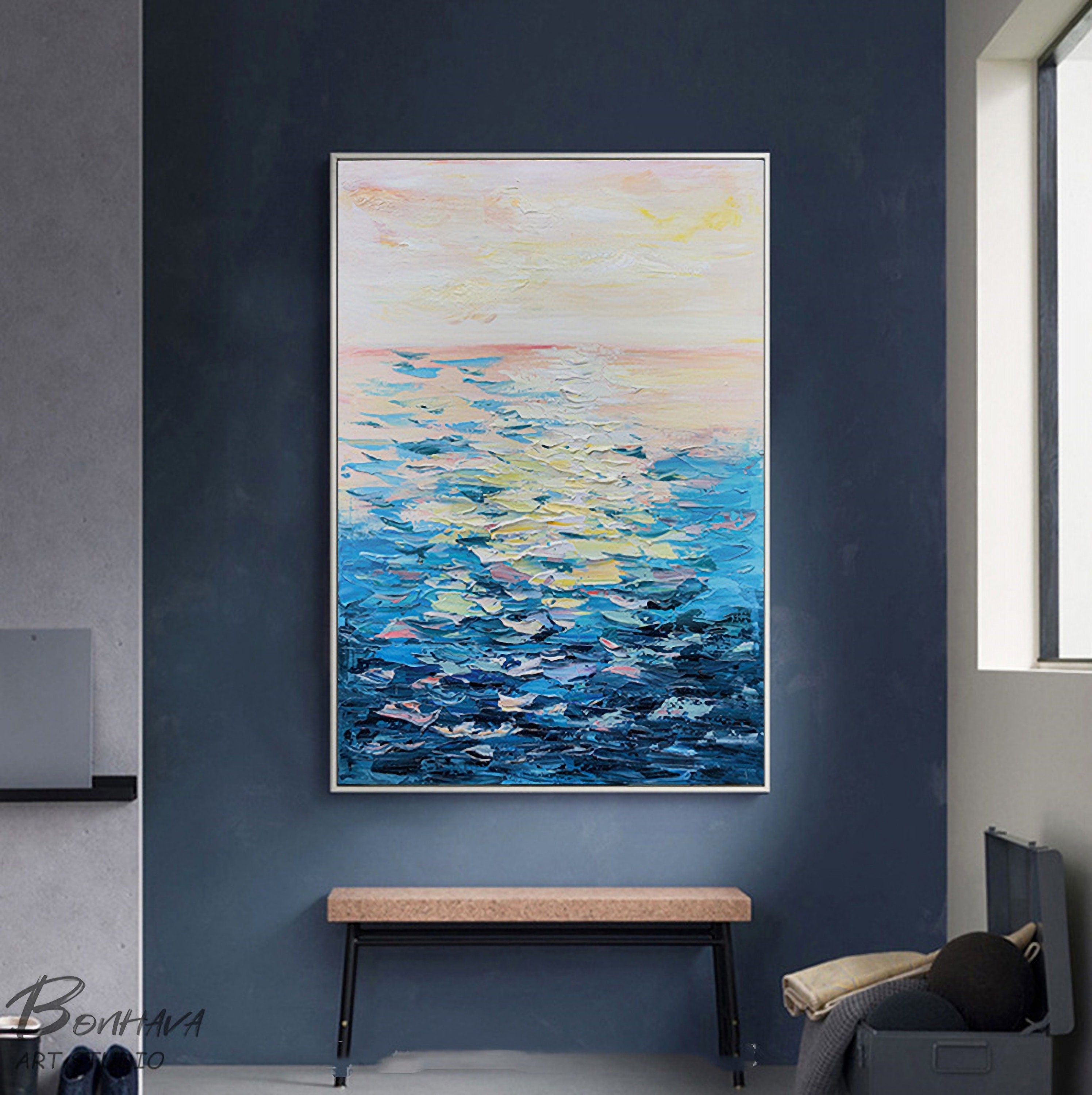 Seascape Abstract Oil Painting,Oil Painting on Canvas, Texture Blue Ocean Scenery Oil Painting, Hand-Painted Abstract Artwork