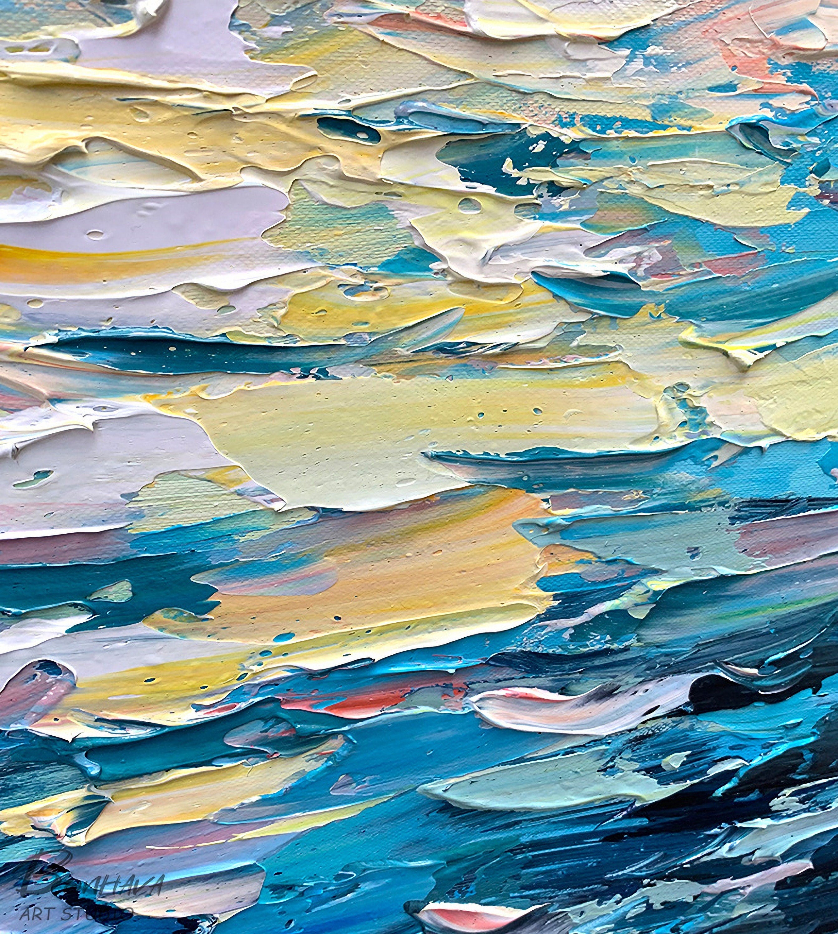 Seascape Abstract Oil Painting,Oil Painting on Canvas, Texture Blue Ocean Scenery Oil Painting, Hand-Painted Abstract Artwork