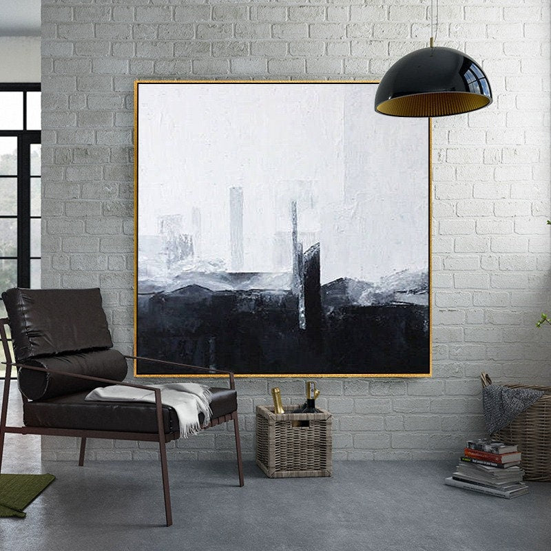 Original Abstract Painting, Black and White Minimalist Painting on Canvas, Large Canvas Wall Art for Bedroom
