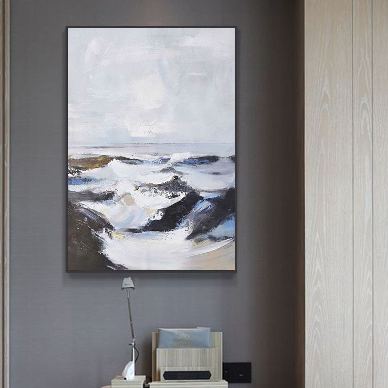 Large Ocean Waves Painting, Black and White Abstract Ocean Painting, Ocean Canvas Painting, Abstract Canvas Wall Art