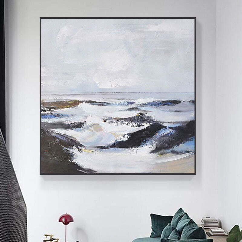 Large Ocean Waves Painting, Black and White Abstract Ocean Painting, Ocean Canvas Painting, Abstract Canvas Wall Art