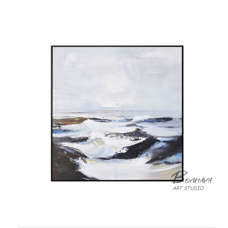 Large Ocean Waves Painting, Black and White Abstract Ocean Painting, Ocean Canvas Painting, Abstract Canvas Wall Art