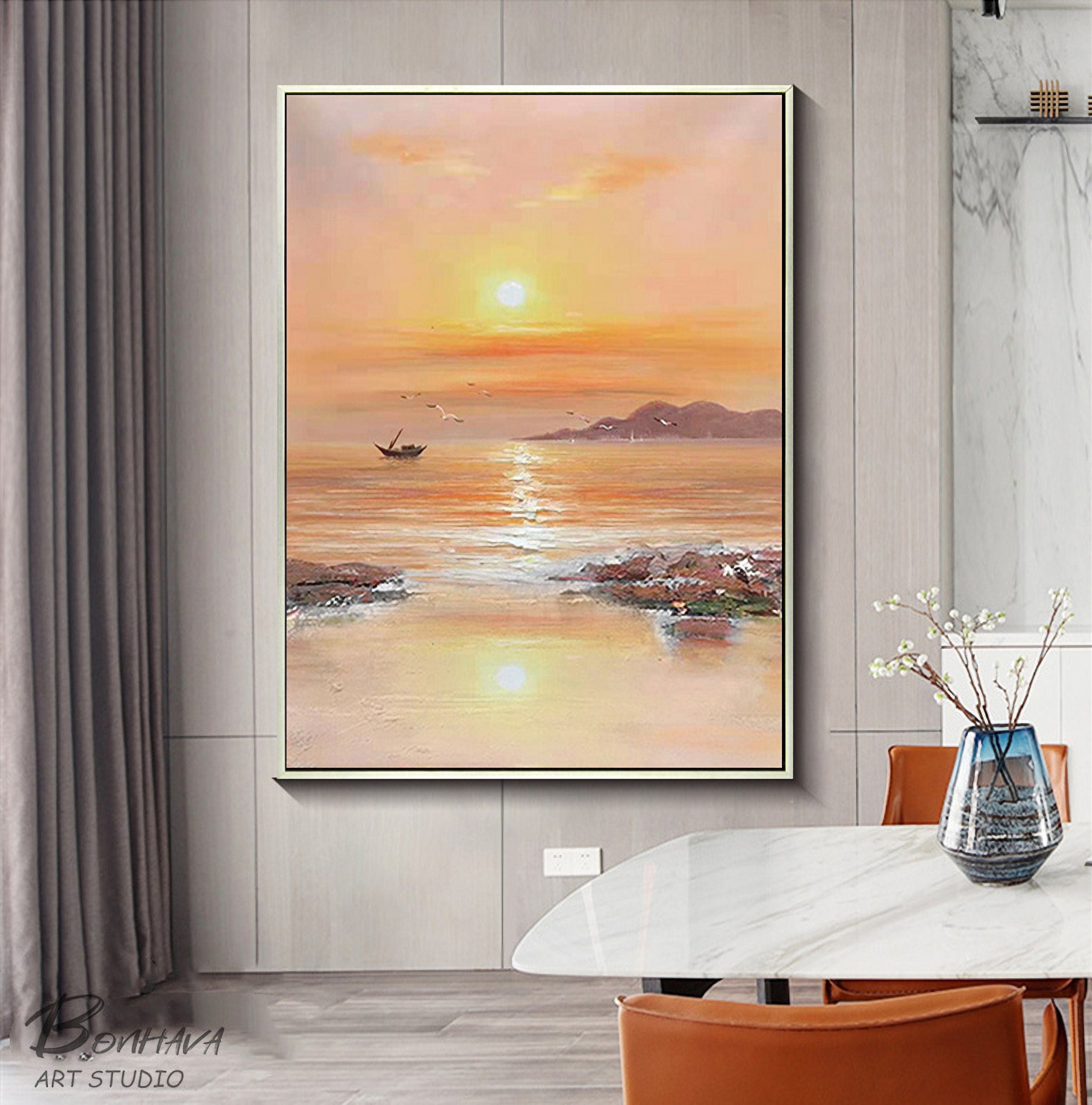 Sea Painting, Large Abstract Painting on Canvas, Large Yellow Abstract Painting, Seascape Oil Painting