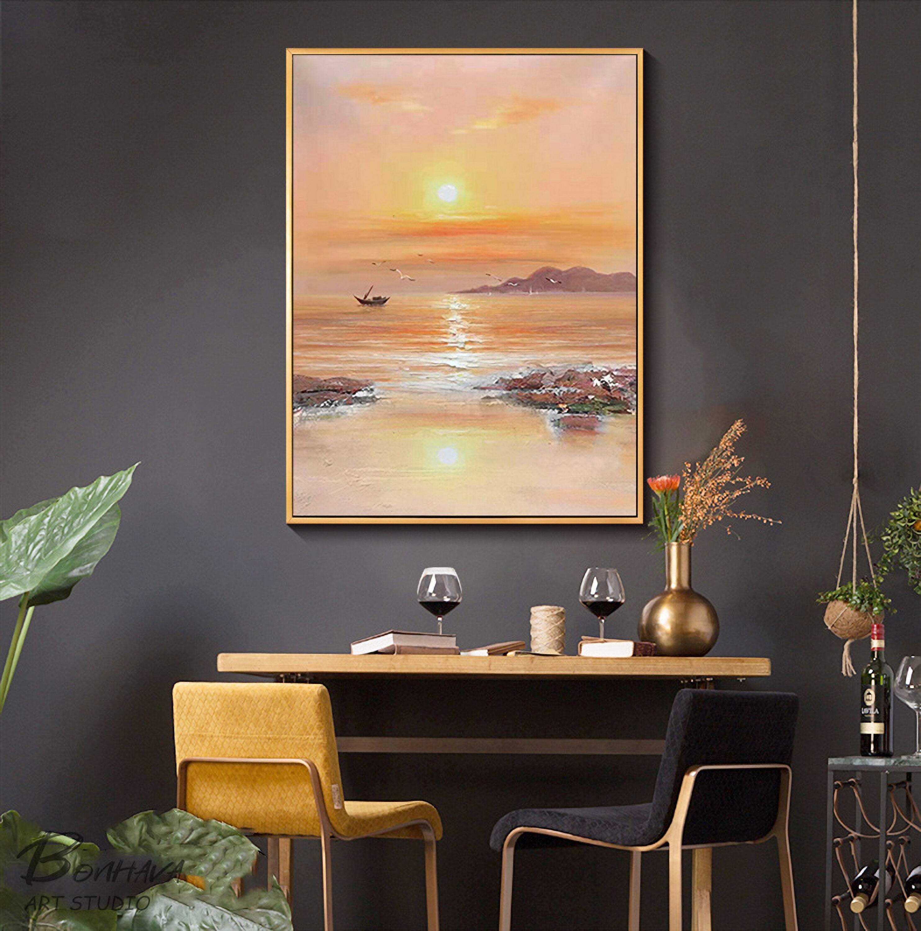 Sea Painting, Large Abstract Painting on Canvas, Large Yellow Abstract Painting, Seascape Oil Painting
