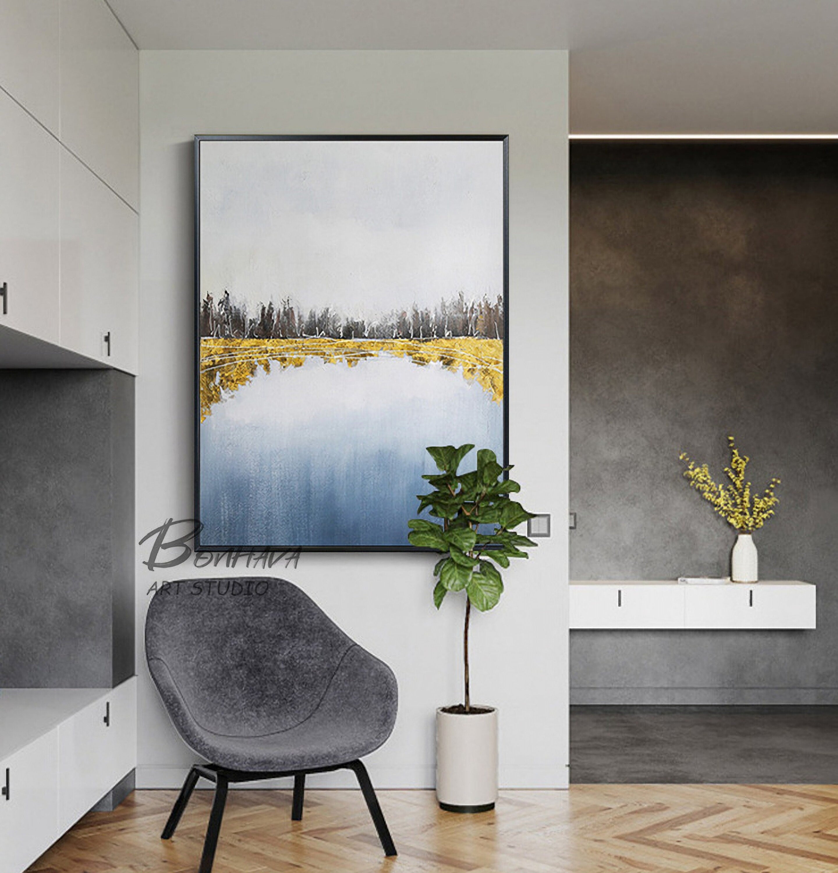 Gray and Gold Abstract Painting, Acrylic Painting on Canvas, Minimalist Painting, Large Abstract Artwork