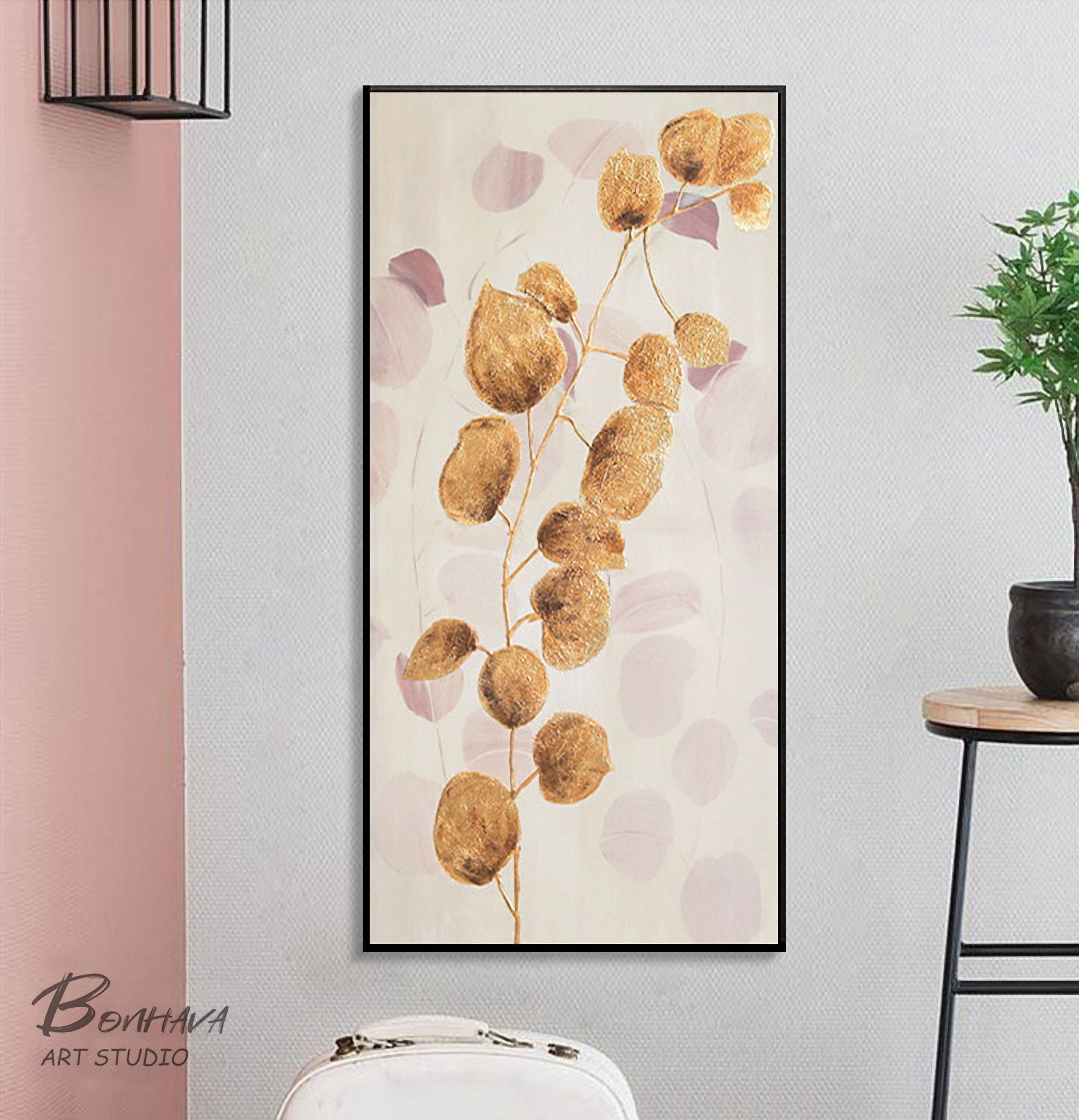 Gold Leaf Abstract Painting, Gold Minimalist Abstract Painting, Original Oil Painting on Canvas, Modern Abstract Artwork
