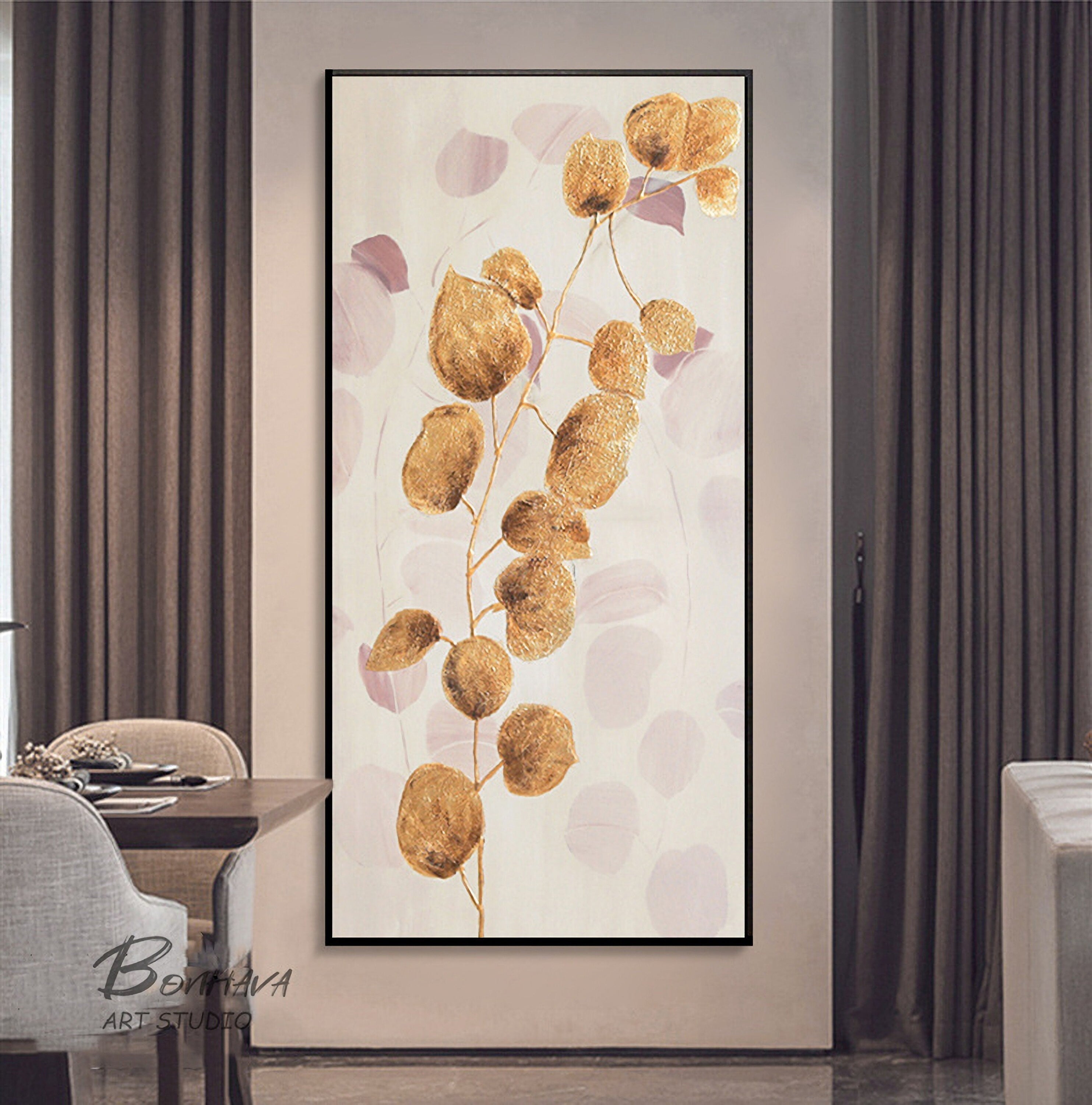 Gold Leaf Abstract Painting, Gold Minimalist Abstract Painting, Original Oil Painting on Canvas, Modern Abstract Artwork