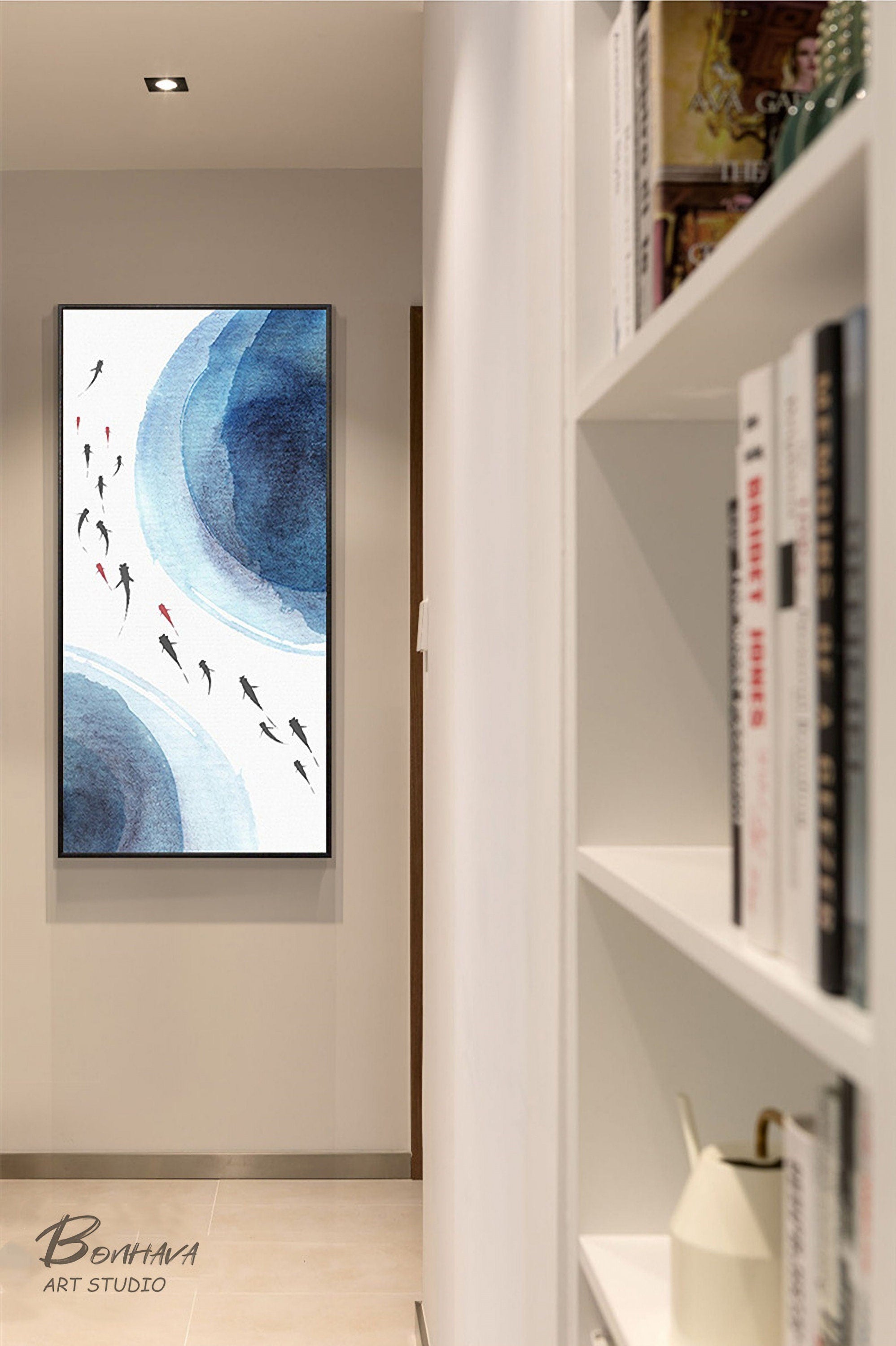 Gold Fish Minimalist Painting, Abstract Painting on Canvas, Original Fish Painting, Gold Fish Wall Decor for Room