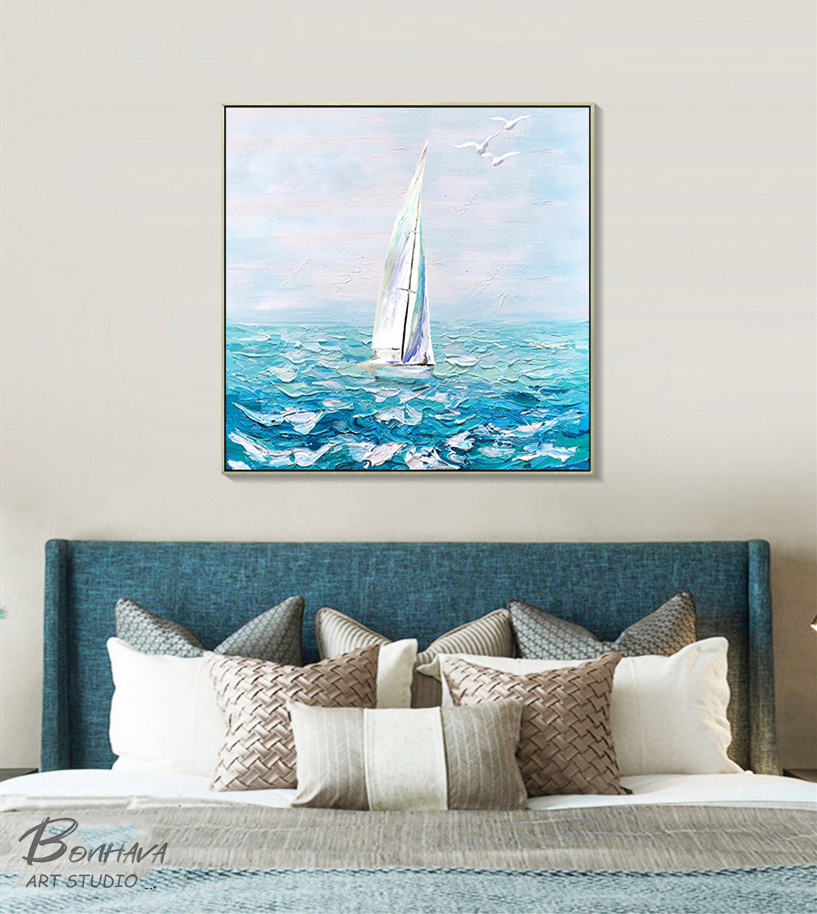 Set of 2 Blue Ocean Painting, Whale and Boat Abstract Painting on Canvas, Seawave Acrylic Painting, Original Seascape Wall…