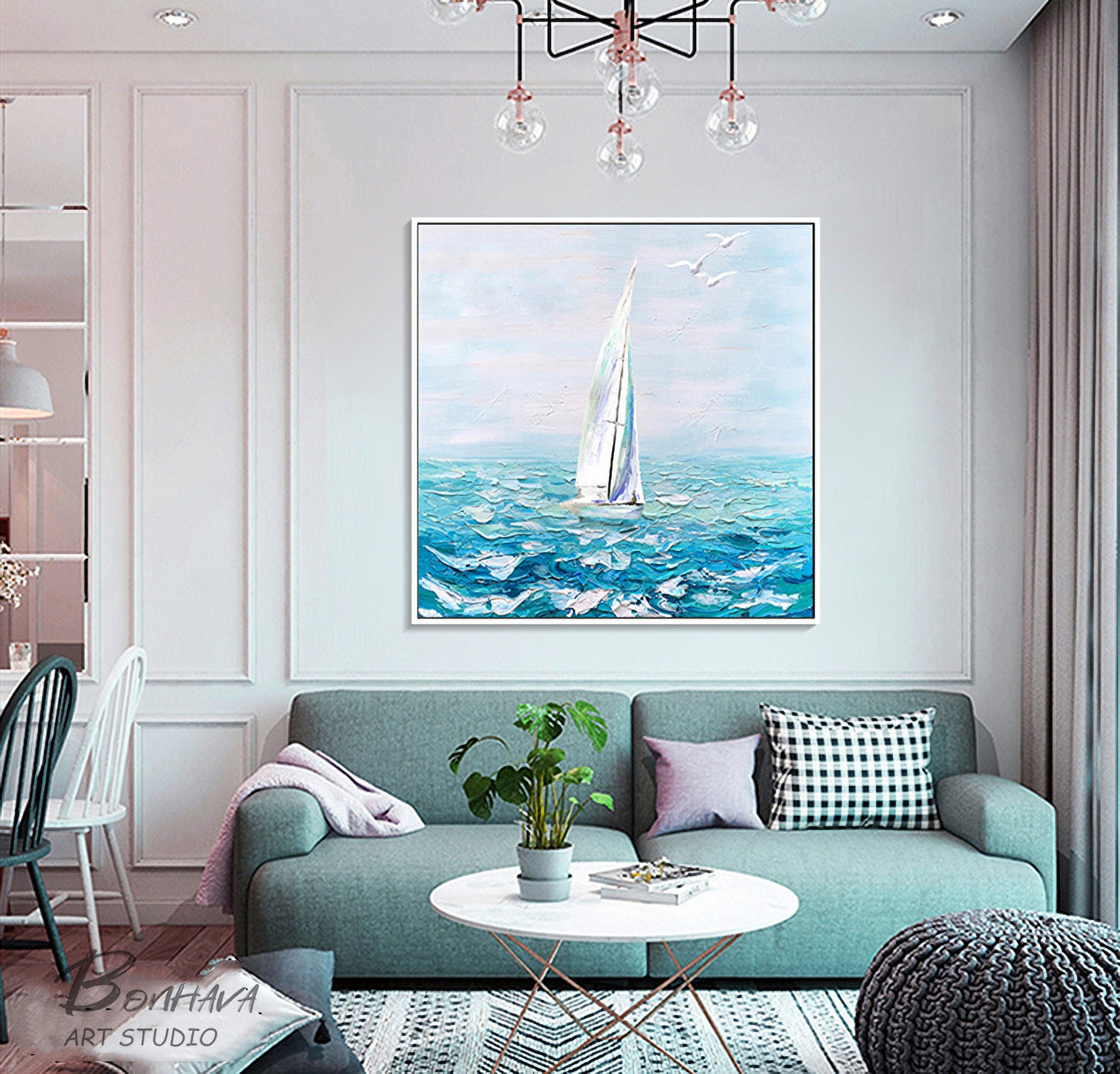Set of 2 Blue Ocean Painting, Whale and Boat Abstract Painting on Canvas, Seawave Acrylic Painting, Original Seascape Wall…