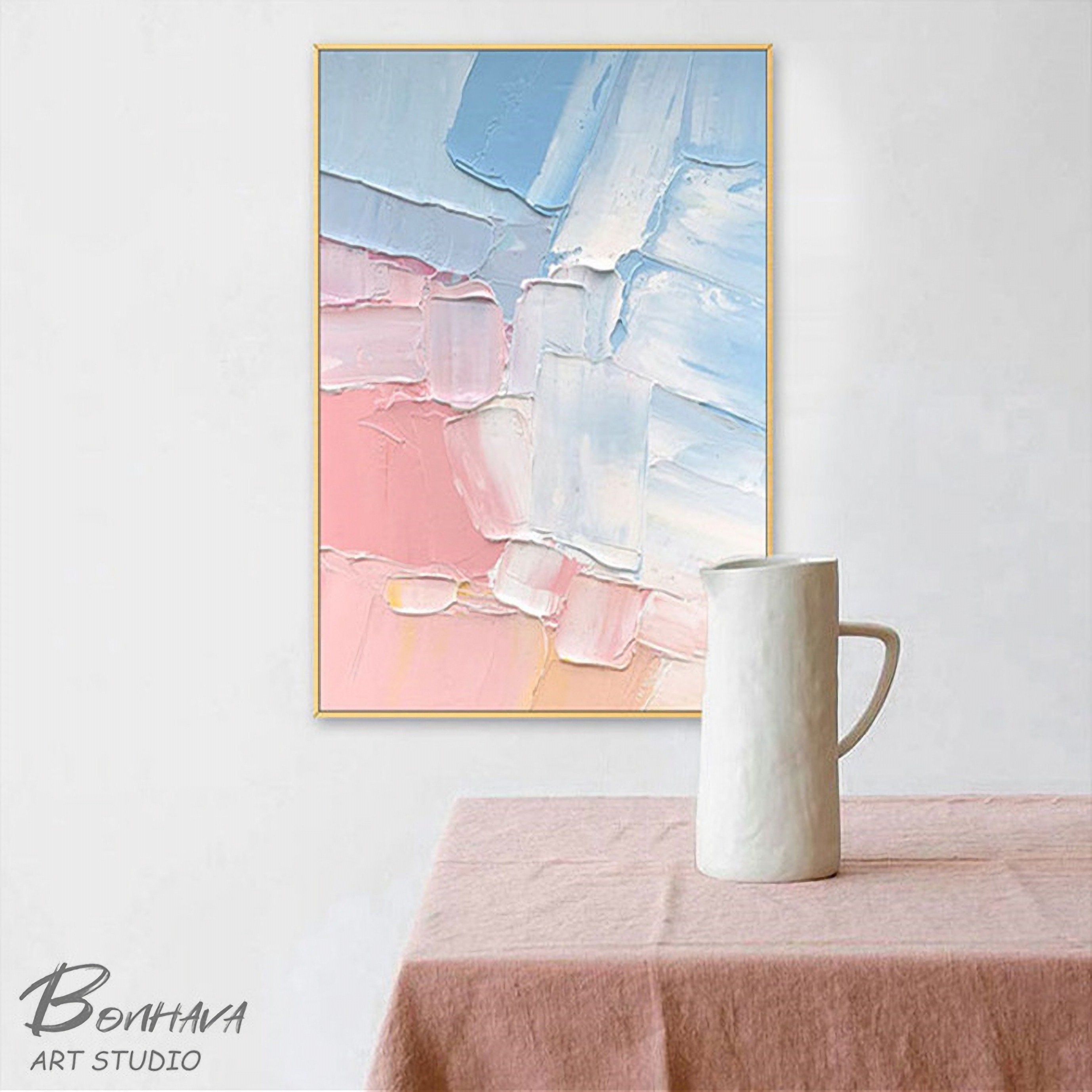 Pink and Blue Abstract Painting, Bedroom Wall Decor, Hand-painted Abstract Art, Acrylic Painting on Canvas