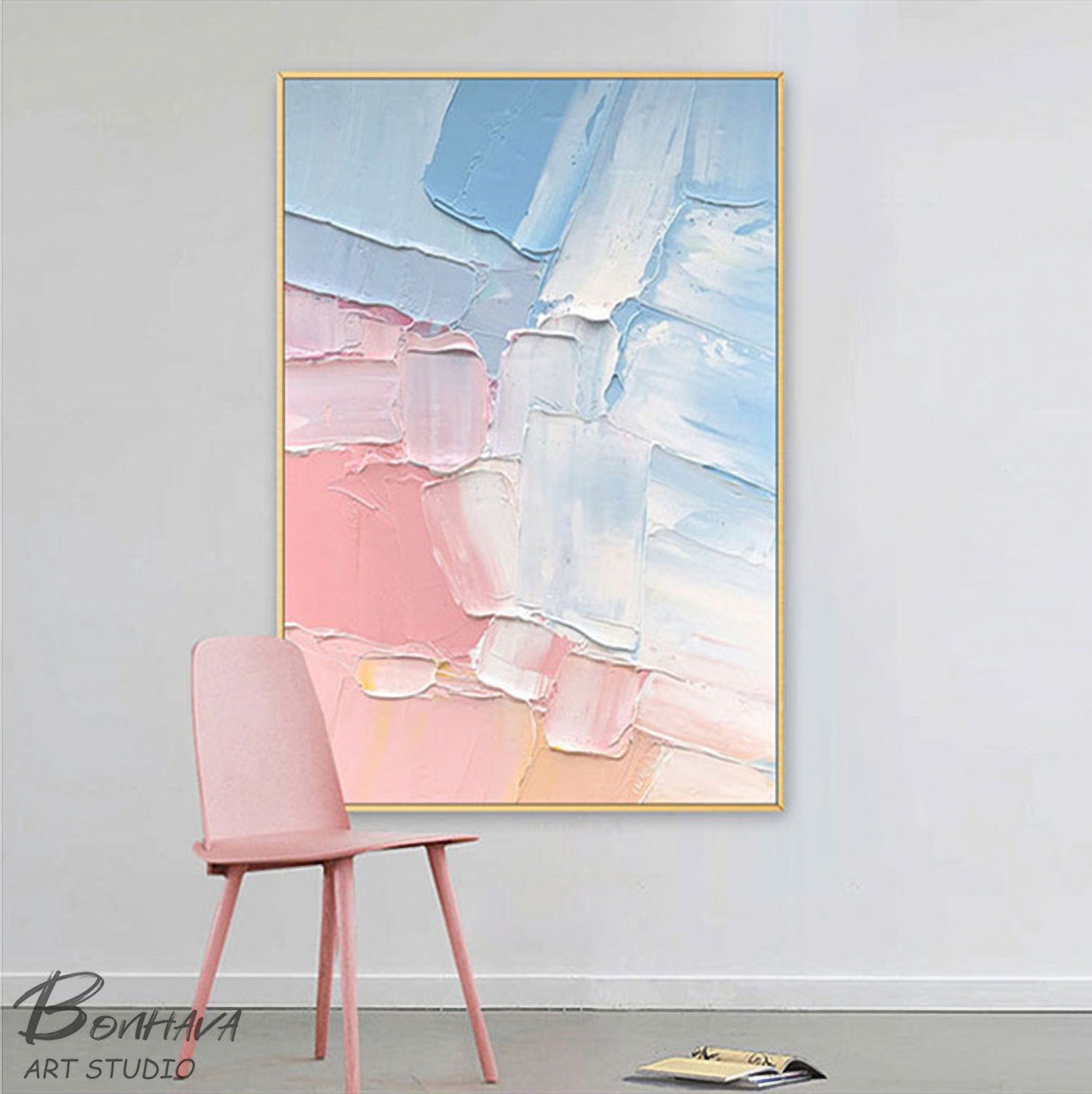 Pink and Blue Abstract Painting, Bedroom Wall Decor, Hand-painted Abstract Art, Acrylic Painting on Canvas