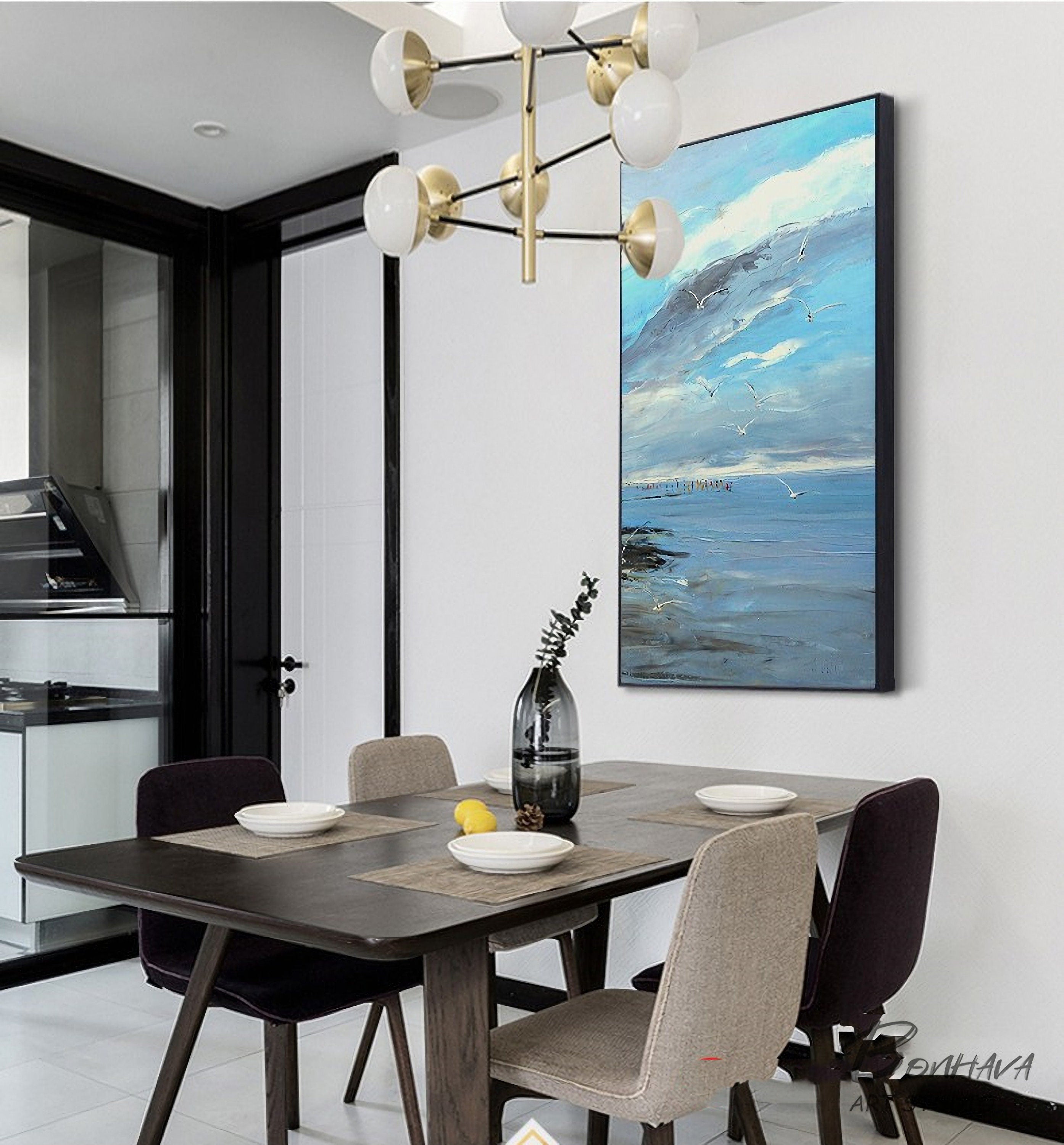 Large Blue Sky And Sea Abstract Painting, Beach Texture Painting, Ocean Canvas Painting, Seagull Oil Painting, Seascape…